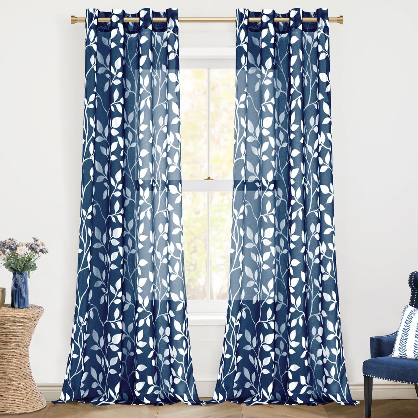 MRTREES Modern Living Room Curtains Printed with Leaves 2 Pieces, Curtains and Curtains for Youth Bedroom with Transparent Eyelets for Dining Room Window, 140 x 245 cm, Navy Blue Global Recycled Standard Global Recycled Standard Global Recycled Standard