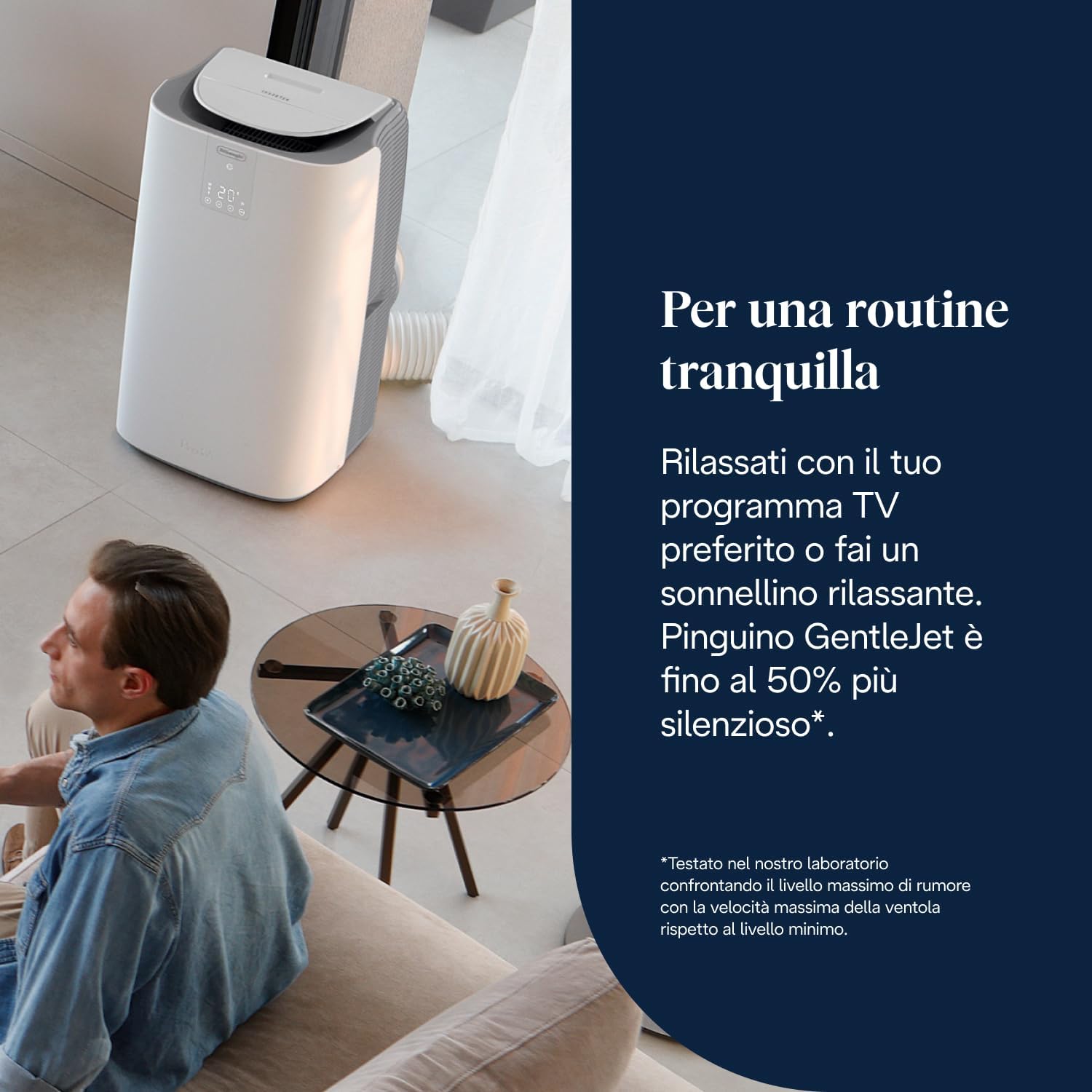 De'Longhi Pinguino GentleJet Inverter - Climatiseur mobile 3 en 1 avec déshumidificateur et ventilateur, 13000 BTU/h pour pièces de 130 m³, fonctionnement silencieux, classe énergétique A+, blanc