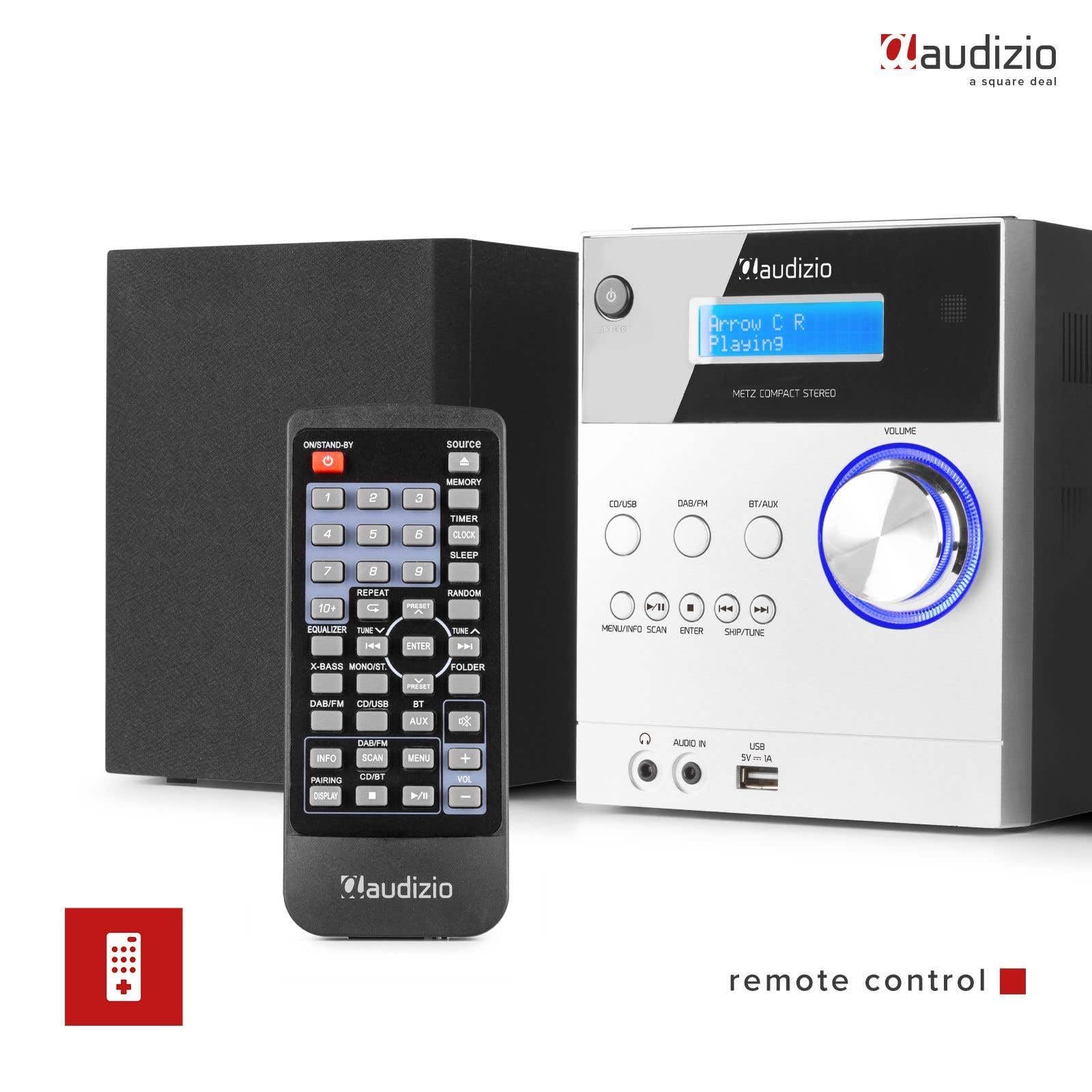 Audizio Metz - Radio Système HiFi Dab+ et Lecteur CD avec Bluetooth - Aluminium, Écran LCD, Lecteur MP3, Radio FM, Télécommande Incluse, Idéale pour Écouter Vos Stations et Musiques Préférées