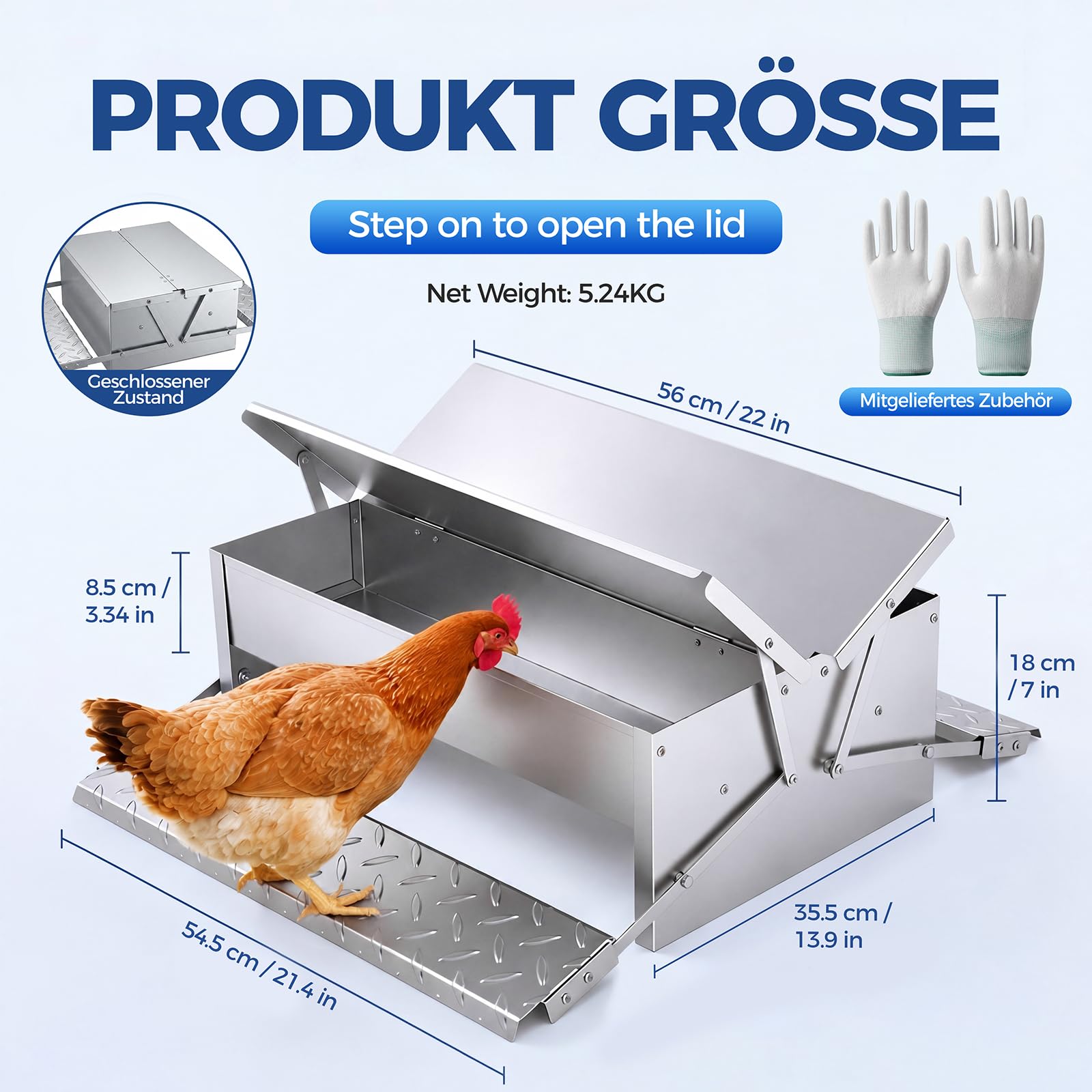 15 kg Automatischer Hühner Futterautomat, Doppelseitiger Tritt-Hühnerfutter, Mit Rattensicher Wasserdicht Deckel, Edelstahl Futtertrog für Geflügel Hühner, Enten, Gänse, für Außenbereich/Stall/Hof