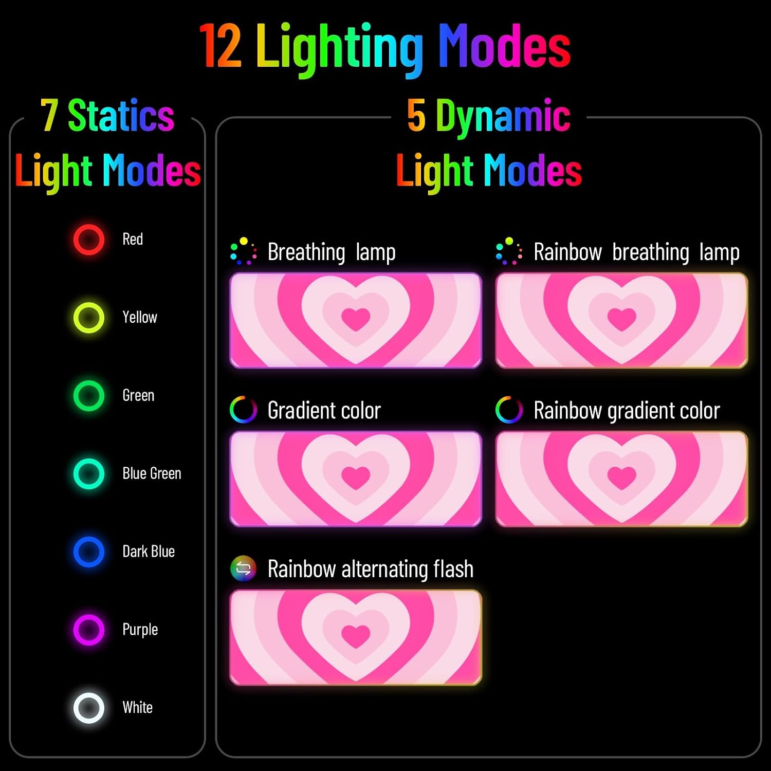 RGB Mousepad LED Desk Mat Gaming Large Keyboard Cute Desktop Computer Laptop 8 Light XXL Long Big Aesthetic Modern Design Unique Women Girls Gamer Oversized Wide 30x12'' Mousepad, Pink Heart
