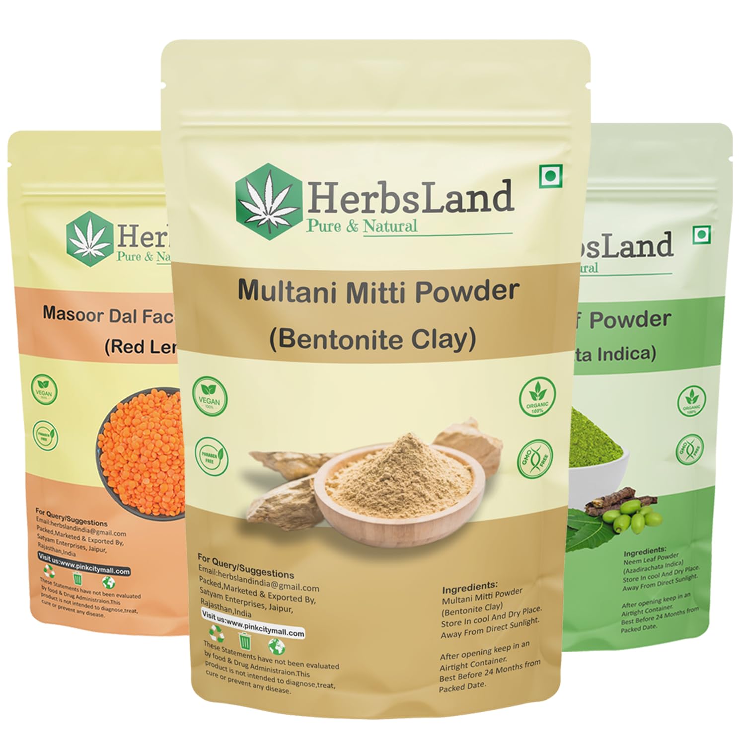 HerbsLand® 100% Pure and Natural Masoor Dal (Red Lentils-Seed) Facewash Powder , Multani Mitti powder And Neem Leaf/Leaves Powder (Azadirachta indica) For Skin, Face Pack | Face Mask for Fairness | Tanning & Glowing Skin | Pimple-free Skin (Each 100 gm)