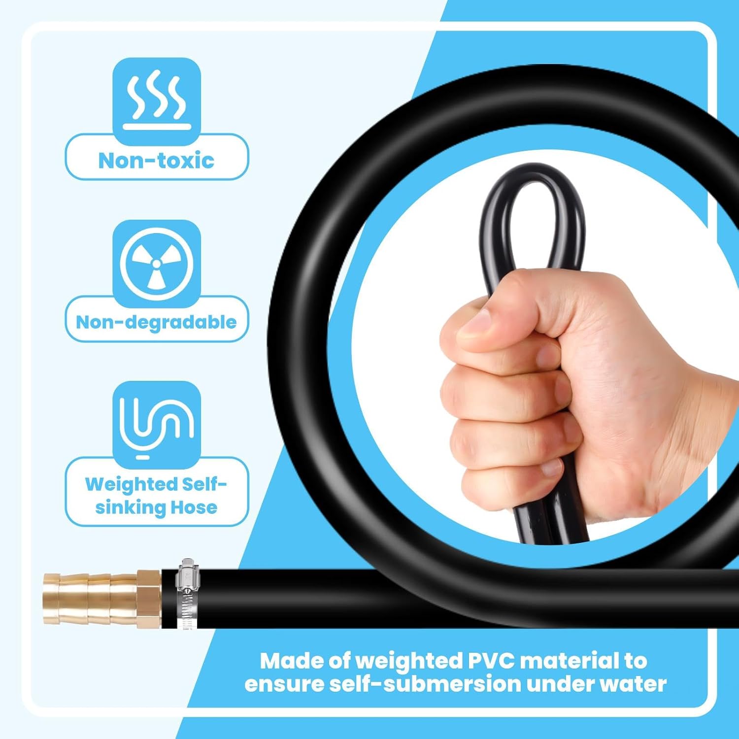 Self Sinking Aeration Hose, 100 Ft Weighted PVC Pond Aeration Tubing with 8 Stainless Steel Hose Clamps and 4 Copper Menders, 3/8 Inch Innner Diameter, for Pond Aerator, Water Re-circulatio