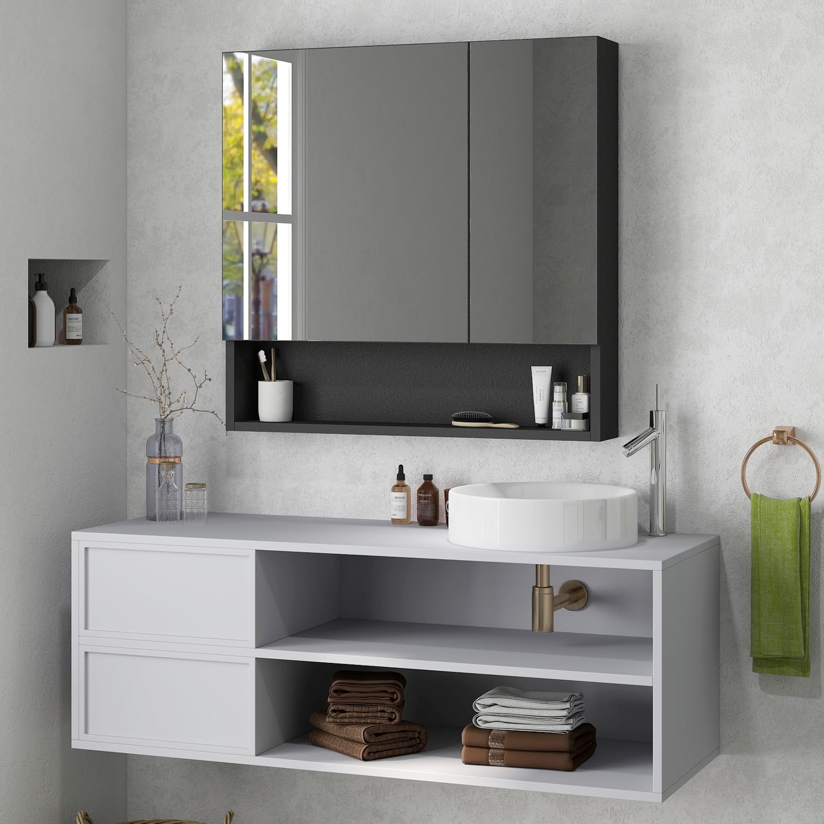 HollyHOME Armario de baño con espejo organizador de joyas, armario de almacenamiento de 2 puertas de espejo montado en la pared con estante ajustable, 62 pulgadas de ancho x 14 pulgadas de profundidad