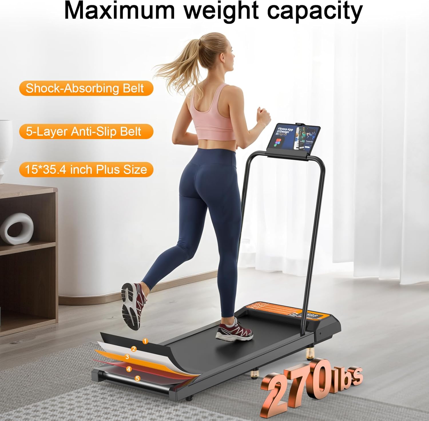 Walking Treadmill Pad with Handle Bar, Silent Fitness Equipment, Treadmill with 4-in-1 Modes, Easy Assembly, Portable Home Gym Equipment image 6