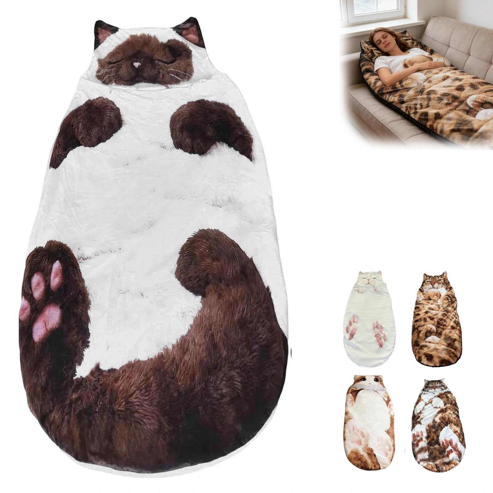 Sac de Couchage Doux pour Adulte, enveloppe de Chat en Peluche,Sac de Couchage pour,enveloppe Sac Couchage Adulte Hiver en Forme de Chat,Cat Shaped Plush Sleeping Bag for Adults