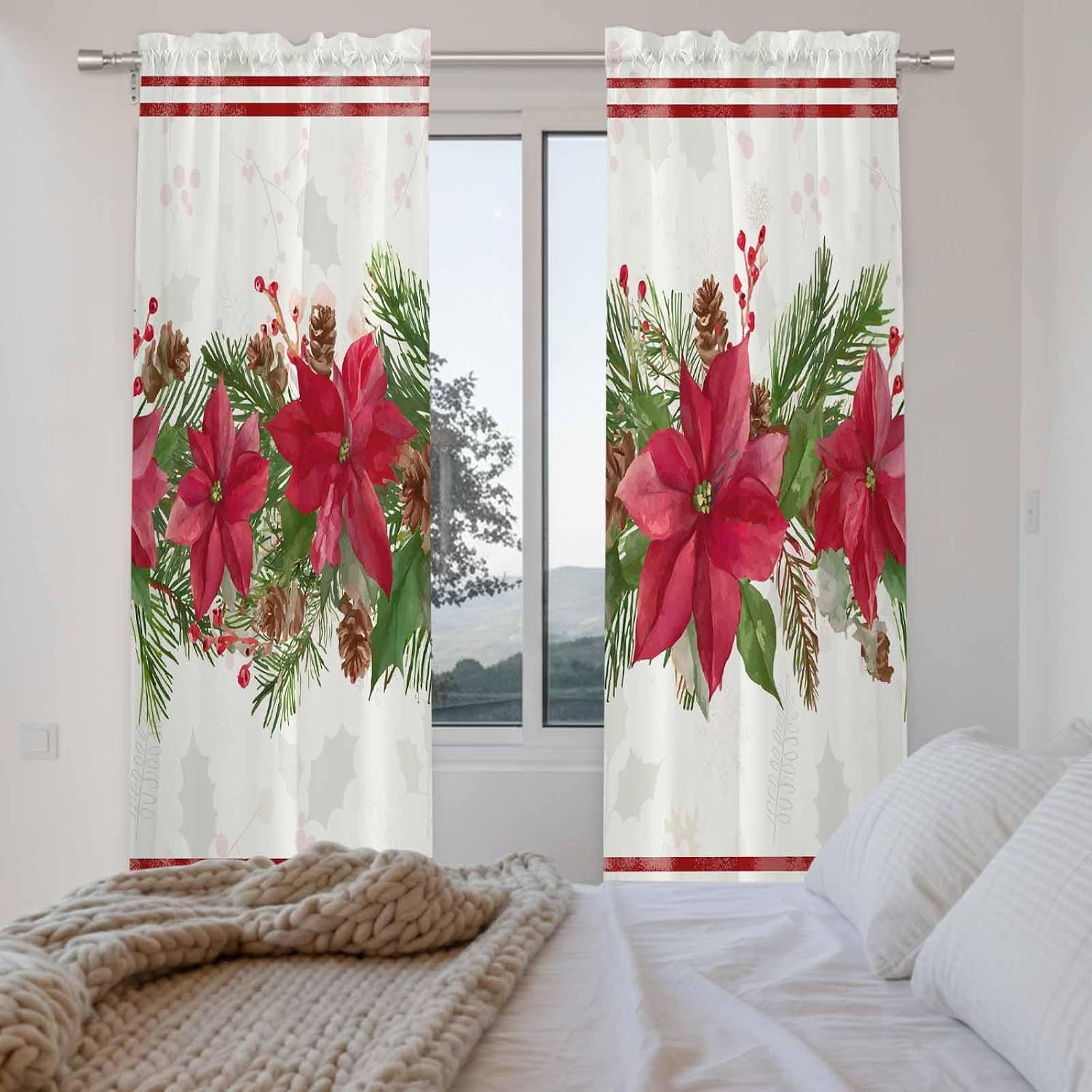 Christmas Poinsettia Window Curtains 72 Inch Long 2 Panel Set, Rod Pocket Long Curtains & Drapes, Red Xmas Botanical Pine Cones Light Filtering Window Treatment for Bedroom Living Room 52"W x 72"L