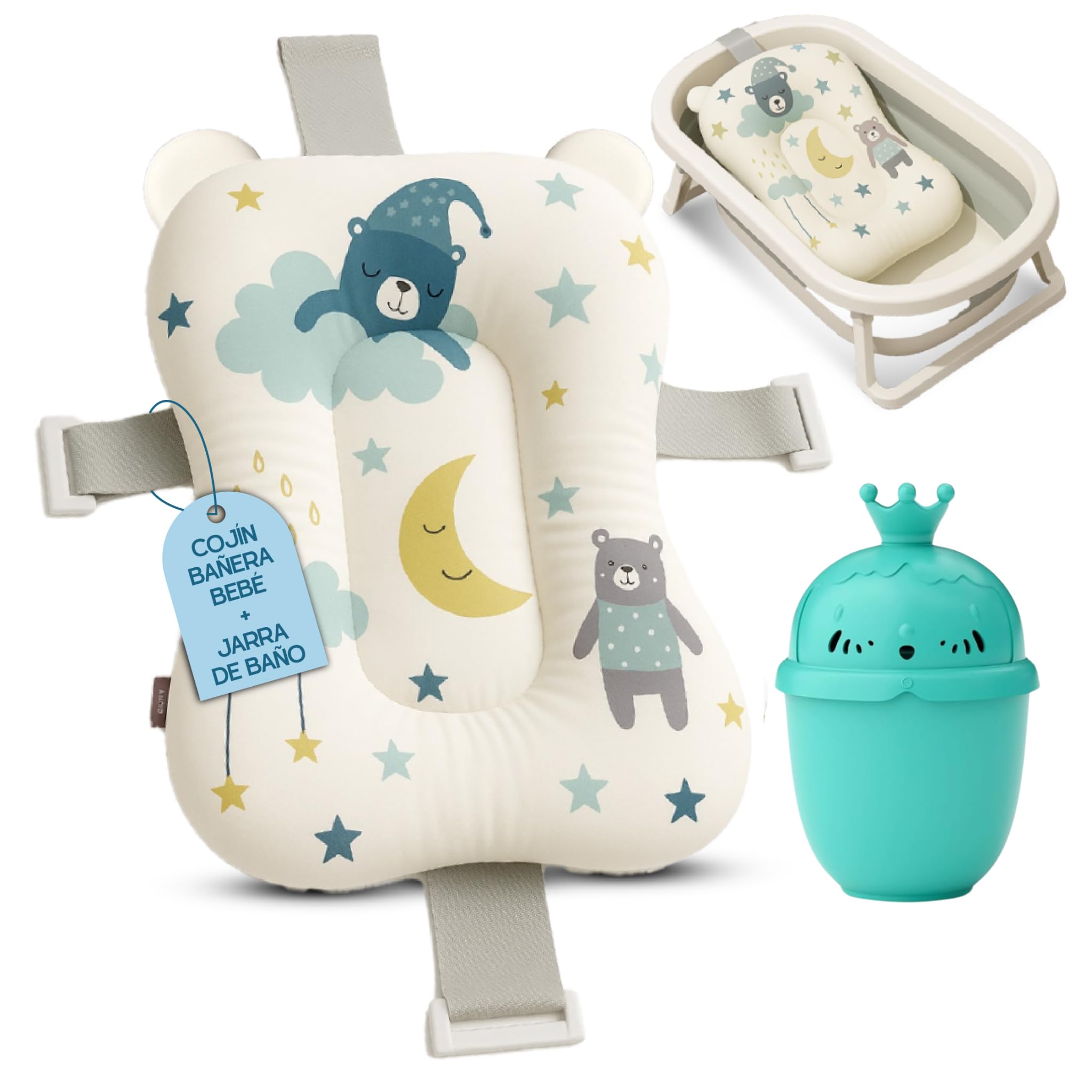 Cojin Bañera Bebe + Jarra de Baño - Adaptador Bañera Bebe Universal - Reductor bañera - Cojín bañera Bebe - Colchoneta Bebé - Hamaca Bañera - Secado Rapido, Suave y Blando