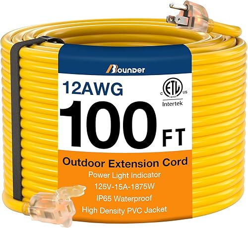 BBOUNDER Cable de extensión para exteriores de 100 pies impermeable, 123 SJTW resistente 15A 1875W, cables flexibles de 3 puntas de cobre 100% para