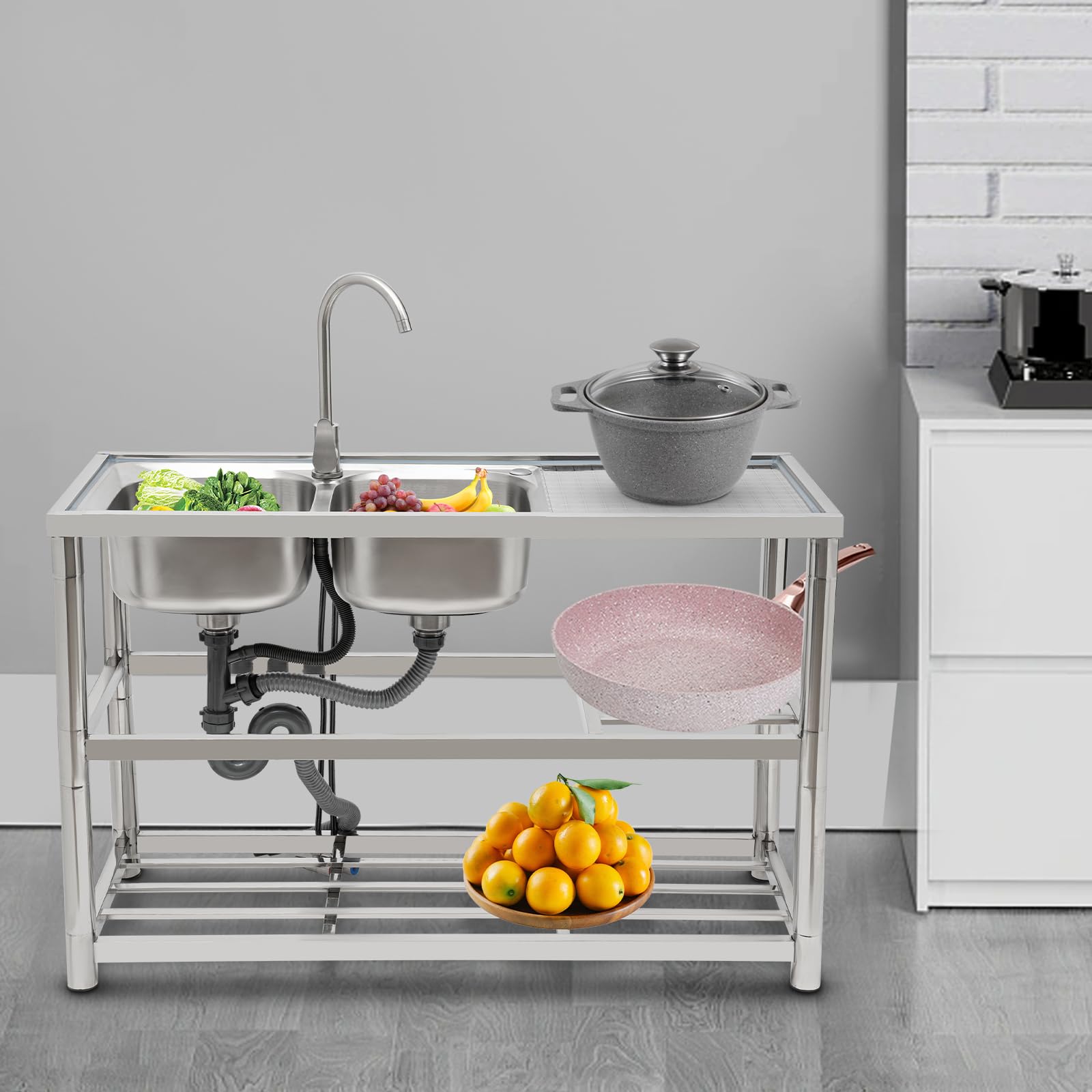 Mobile lavello da cucina indipendente in acciaio inox, 2 vasche e piano di lavoro, 120 x 45 x 80 cm, doppio lavello in acciaio inox, con rubinetto girevole a 360°, dispositivo di scarico,
