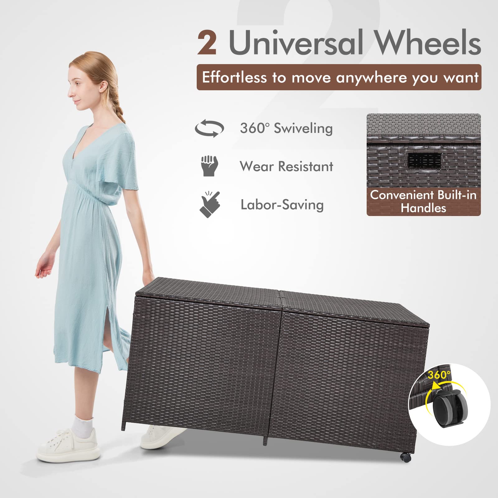GIANTEX Contenitore per cuscini in rattan, 662 litri, con coperchio, con 2 ruote e manici, resistente alle intemperie, con tasca interna, con molla a gas, 150 x 77 x 72 cm