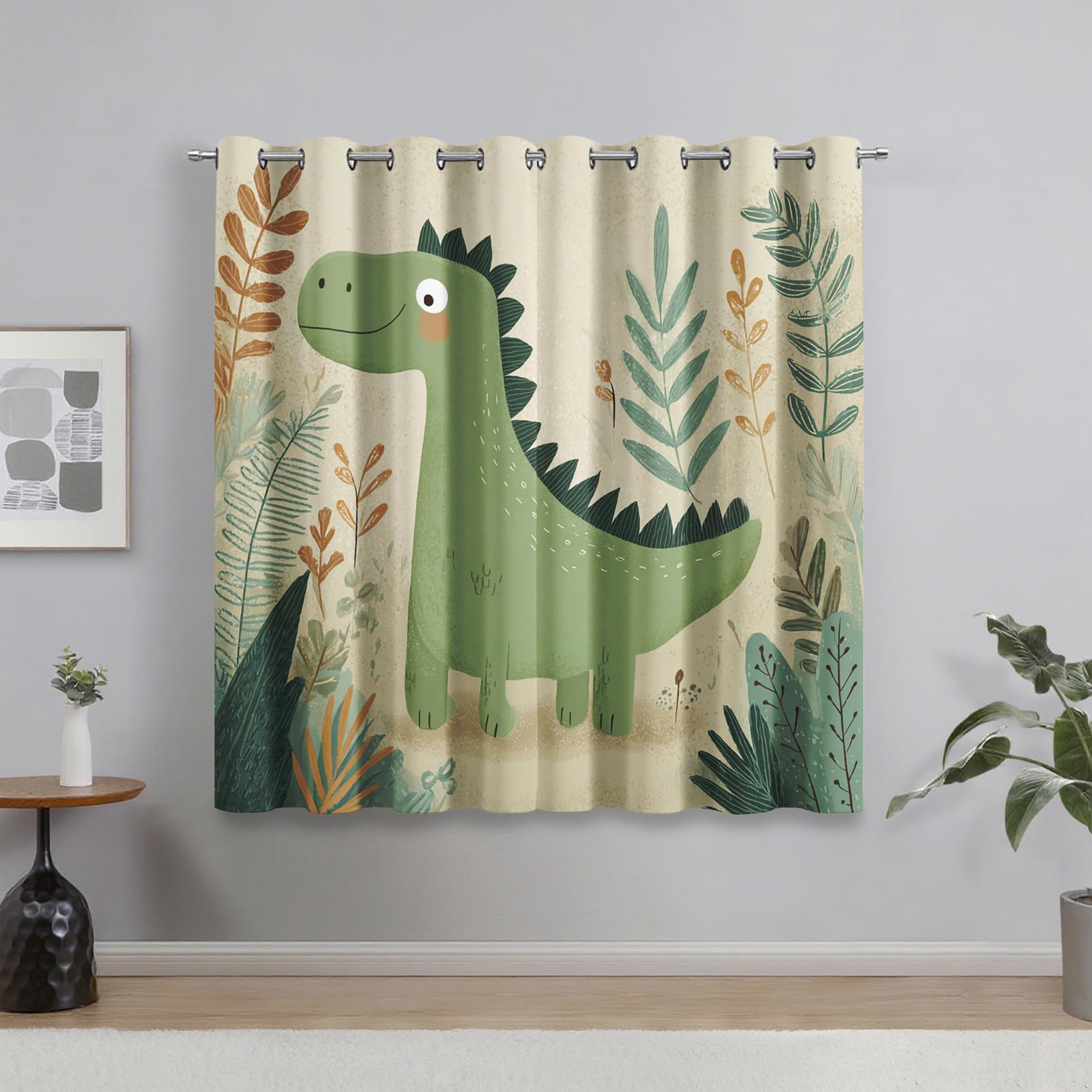 Générique Lot de 2 Rideau Occultant Dinosaure, Rideau Isolant Thermique à Oeillets pour Salon Chambre Cuisine Fenetre, Motif Feuilles Dinosaure Mignon Enfant, 140x220 cm (LxH)