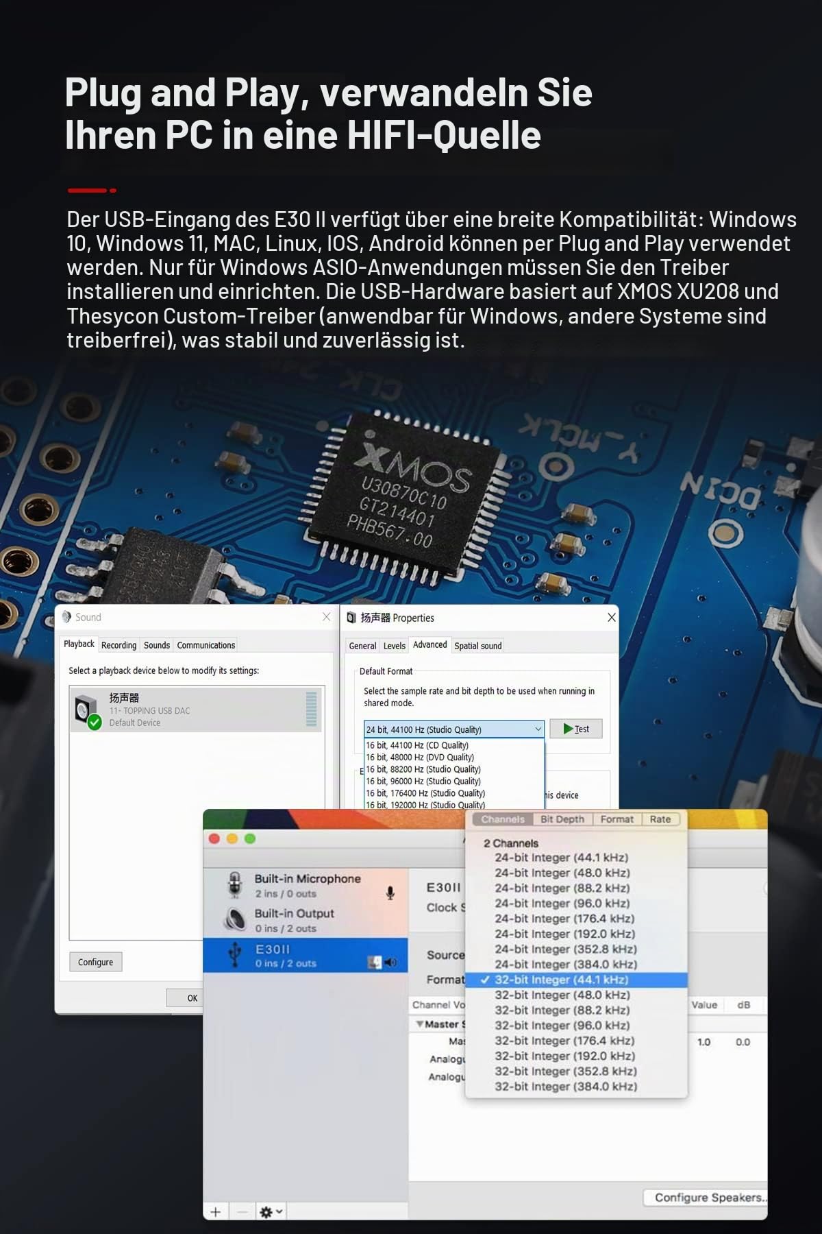 Fanmusic TOPPING E30 II Dual AK4493S Decoder DAC XU208 32bit/768k DSD512 Touch-Bedienung mit Hi-Res-Decoder mit Fernbedienung (Silber)