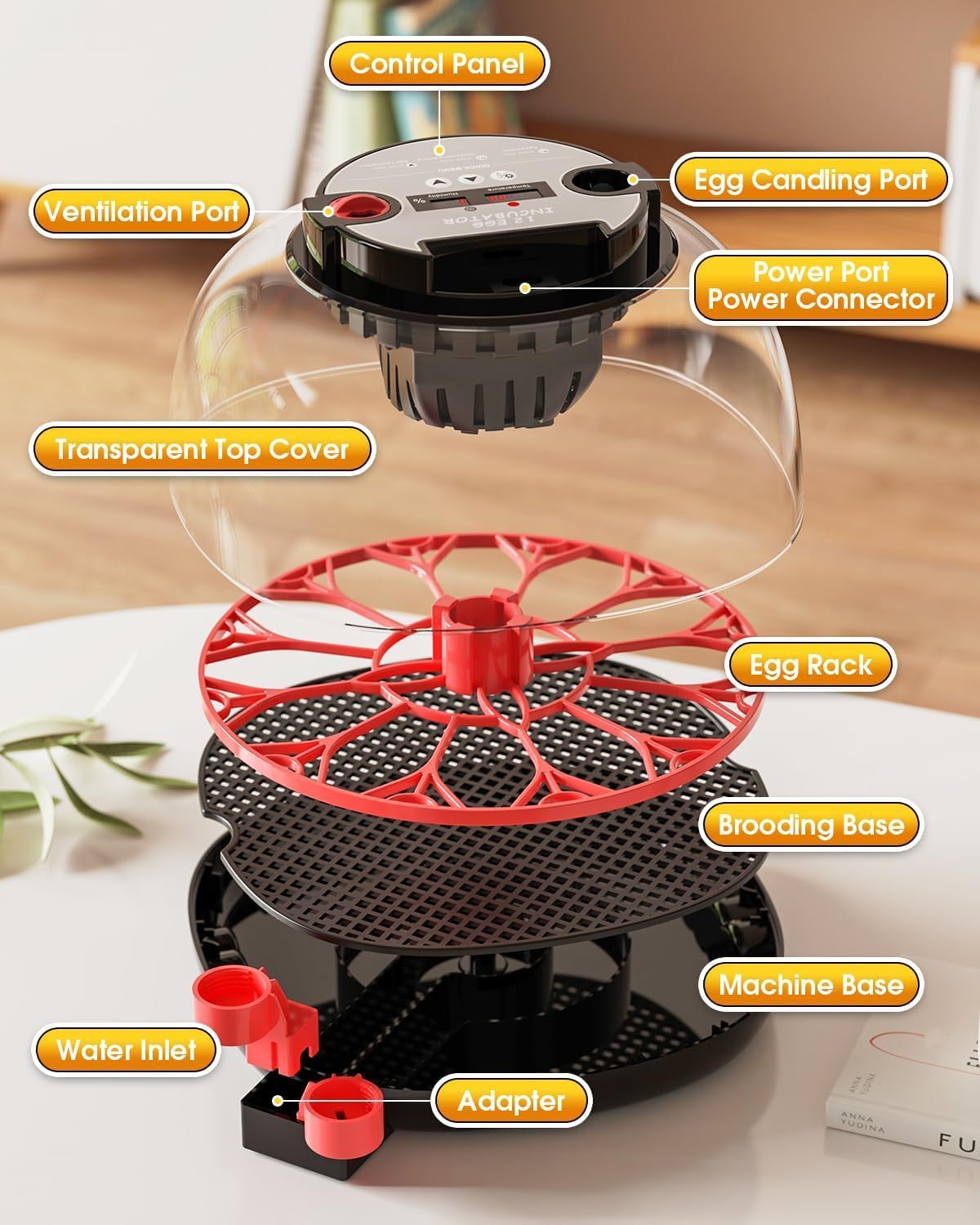 Incubadora para eclosión de huevos, volteadora automática de huevos y nuevo sistema de control automático de humedad, visión clara de 360° para pollo, pato y codorniz (negro)