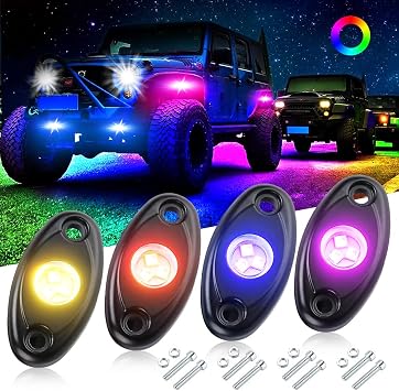 4Pods RGB Led Rock Lights, Automotive Neon Accent Light Kits Aluminium Housing Waterproof Strobe Rock Lights for Trucks, Motorbikes, Boats, ATVs, UTVs
