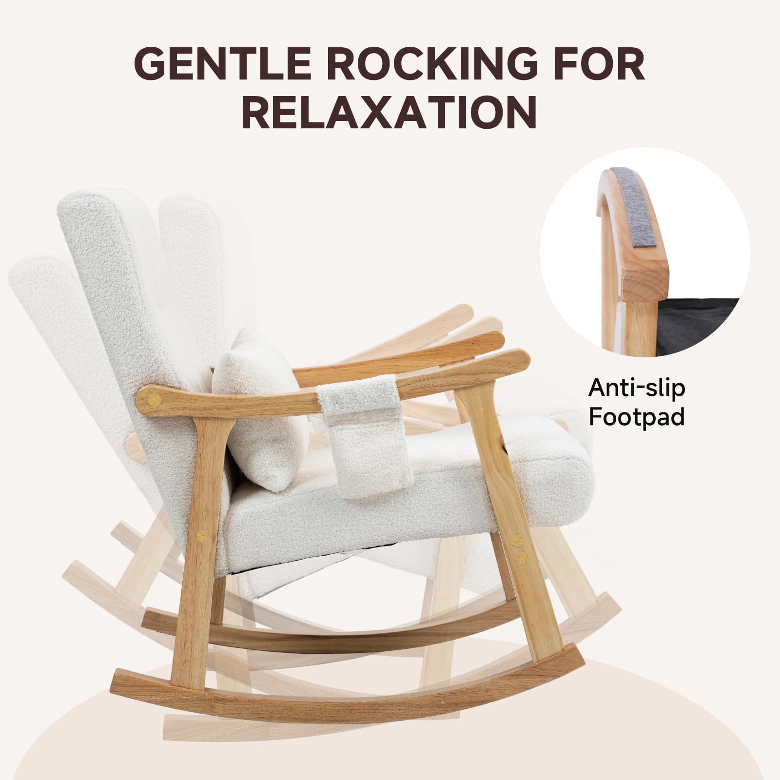 EROMMY Fauteuil à Bascule, Fauteuil de Relaxation en Tissu Teddy avec Coussin Lombaire & Poche Latérale, Rembourré en Tissu Doux, avec Cadre en Bois de Caoutchouc, pour Salon, Chambre à Coucher, Blanc