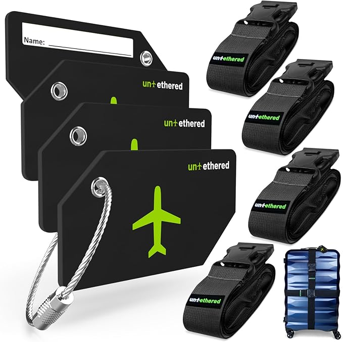 Untethered 4-Pack Luggage Tag Set | Durable Luggage Tags for Suitcases & Travel Bags | Bag Tag & Name ID Identifiers | Suitcase Tags for Easy Luggage Identification (Black Leather - 4 Pack)