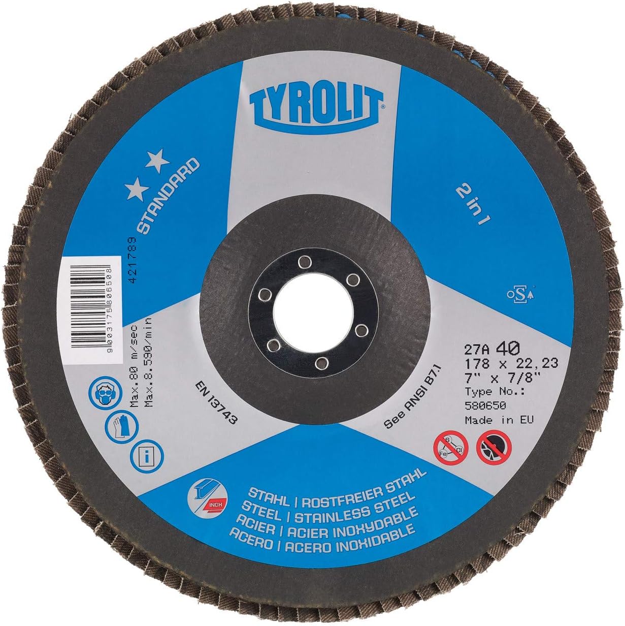 TYROLIT STANDARD 2-in-1 Flap Disc for Stainless Steel for Angle Grinders - 115 x 22.23 mm / 40 Grit (Pack of 10)