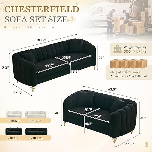 Miniatura 2 de Black Cloud - Juego de sofá de 2 piezas, muebles de sala de estar, modernos y cómodos sofás con patas y almohadas doradas, asiento de dos plazas