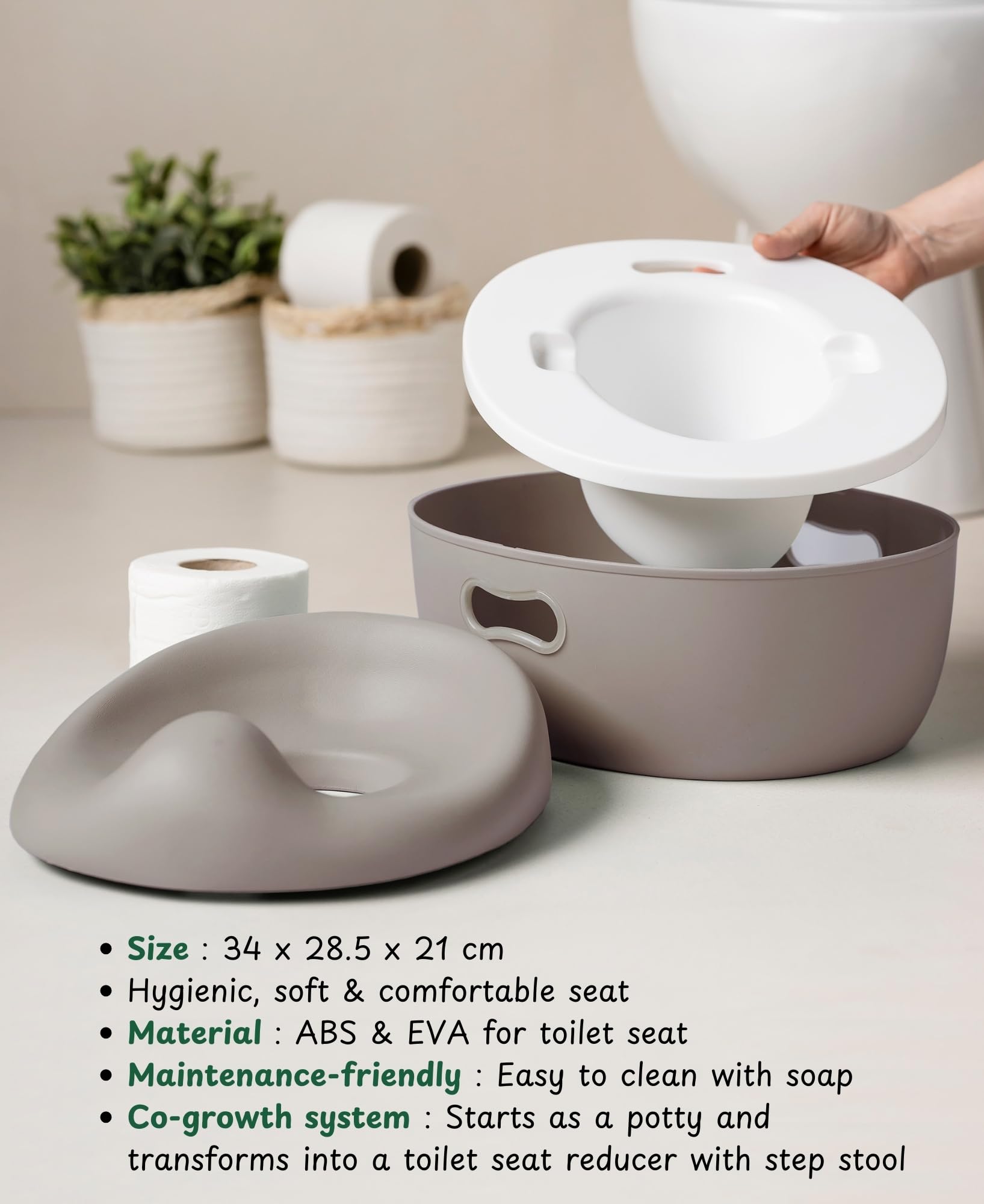 Nattou Babytopf 3in1, Töpfchen + Hocker + Toilettensitz für Kinder, Einfaches Toilettentraining, Ca. 34 cm, Ab ca. 18 Monate bis ca. 4 Jahre, Care, ABS/EVA, Taupe