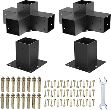 Woodworks Pergola Brackets - Modular Modern Outdoor Pergola Hardware Kit - DIY Elevated Wood Stand - Includes 2 Bracket Shoulders & 2 Boots for 4x4 Actual 3.5x3.5 Inch Lumber