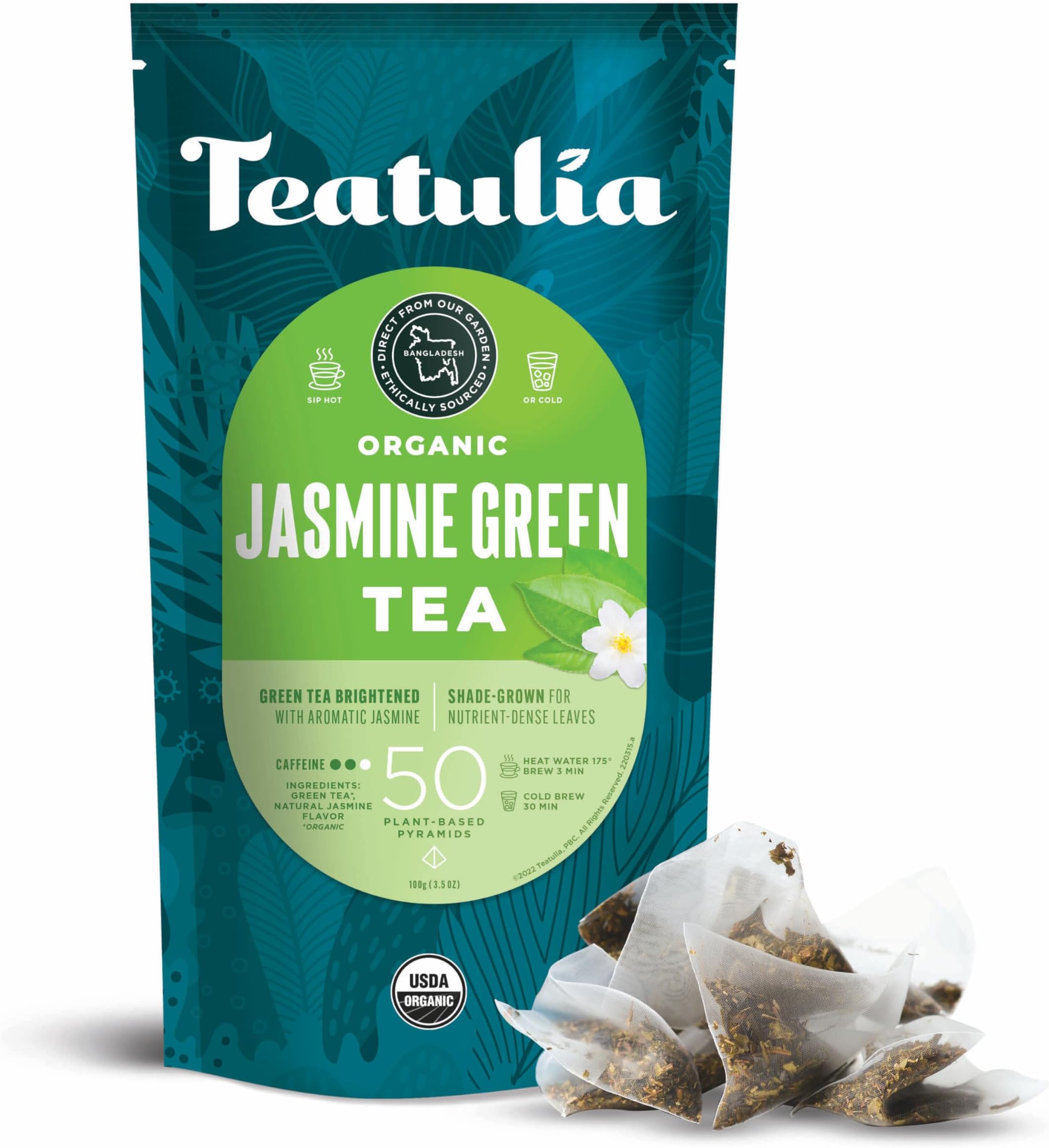 Organic Jasmine Green Tea Bags (50 Pyramid Teabags) Whole Flower | 100% Compostable | Sustainably Grown In Bangladesh