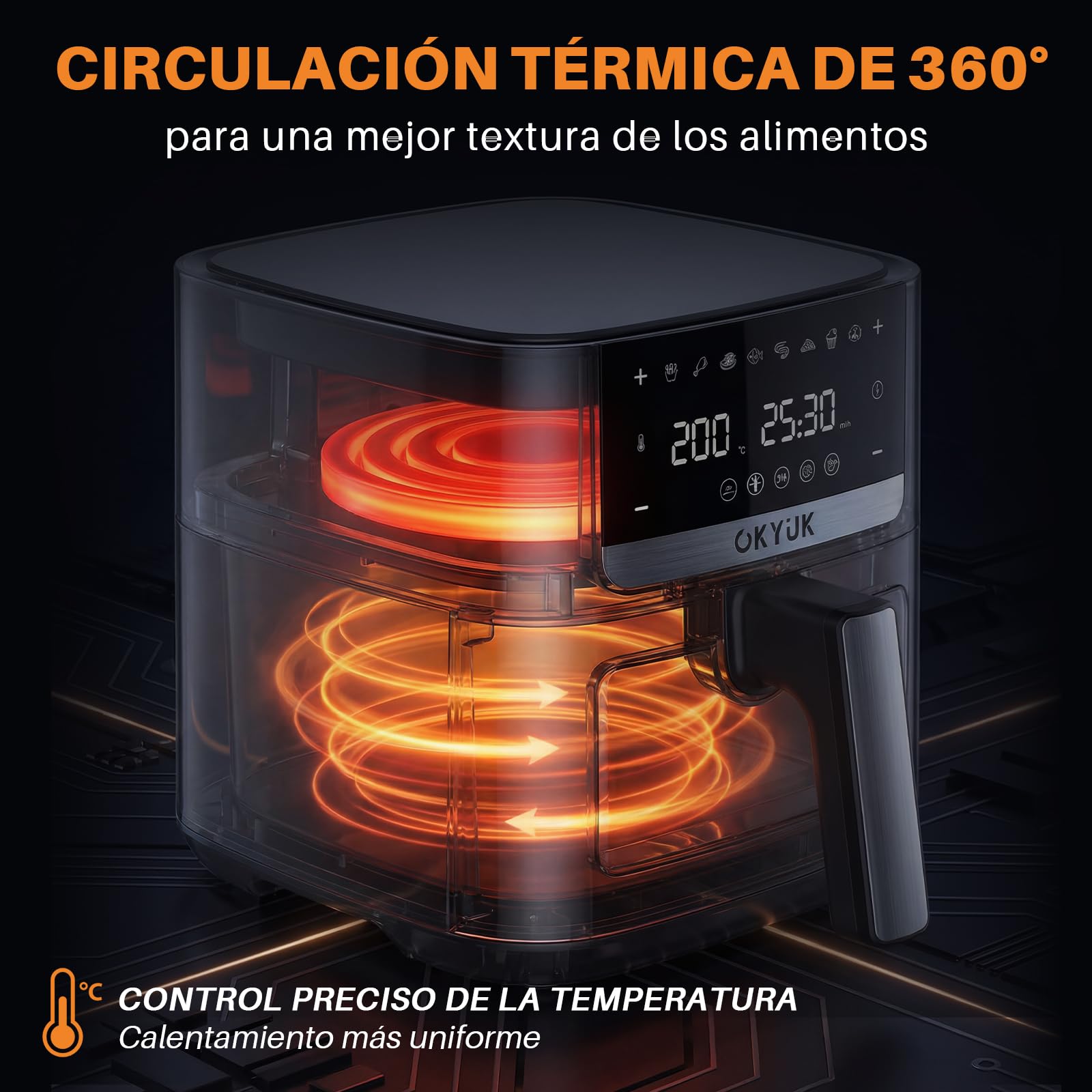 OKYUK Air Fryer 6L, Friteuse Huile 8-en-1 avec Fenêtre de Visualisation, 1200W avec Ecran Tactile Digital, Réglable 80-200°C, 90% de Matières Grasses en Moins, Nettoyage Facile