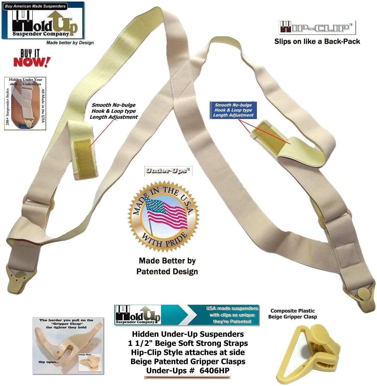 Holdup Hip-Clip Style Under-Ups Suspenders for Men with the Patented Composite Plastic Gripper Clasps or No-slip metal clips - Image 4