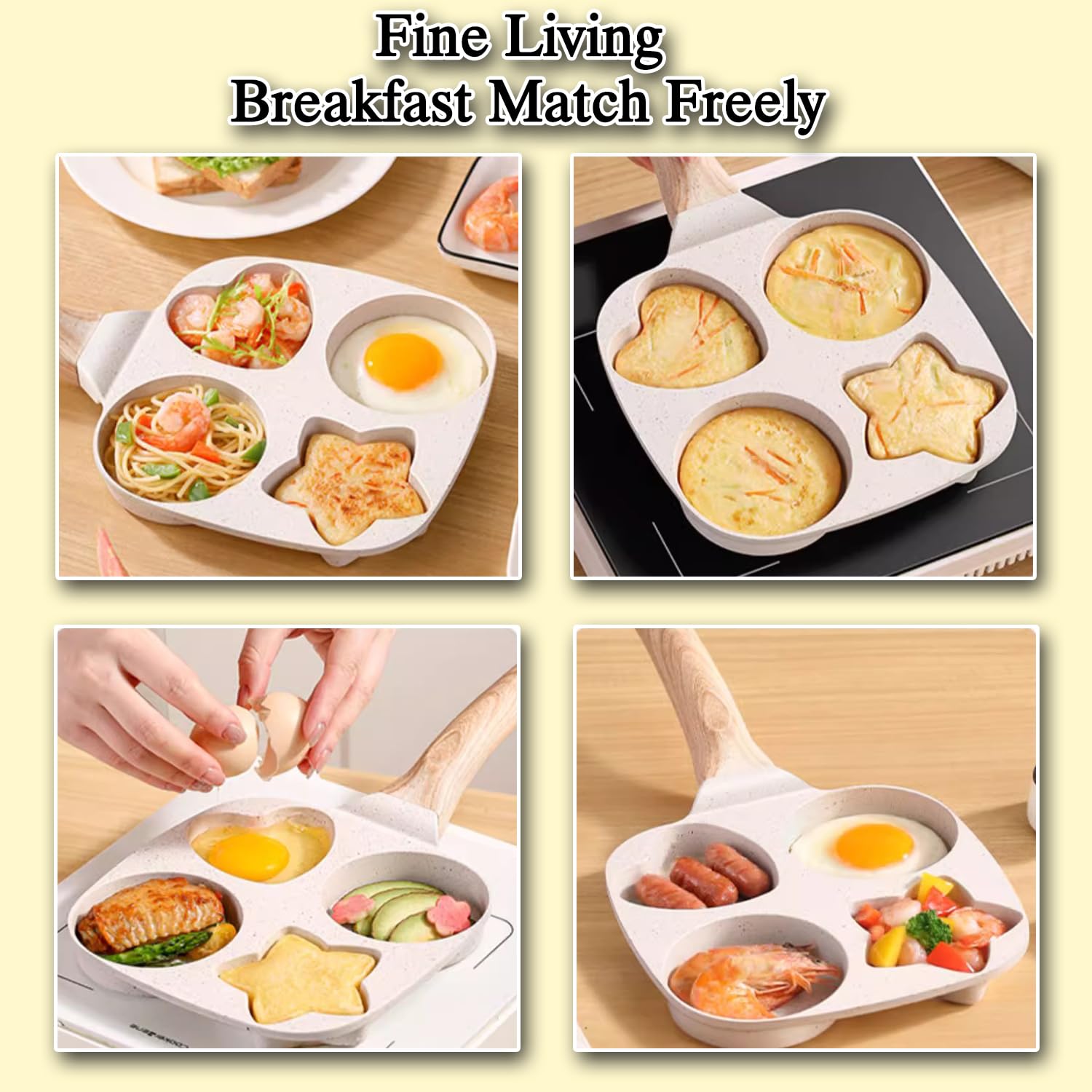 FEIDEIGEI 4-Cup Nonstick Omelette Skillet Egg Frying Pan,Pancake Pan,Egg Rings for Frying Eggs,Egg Mold for Breakfast Sandwiches,Suitable for Gas Stove & Induction Cookware (Beige)