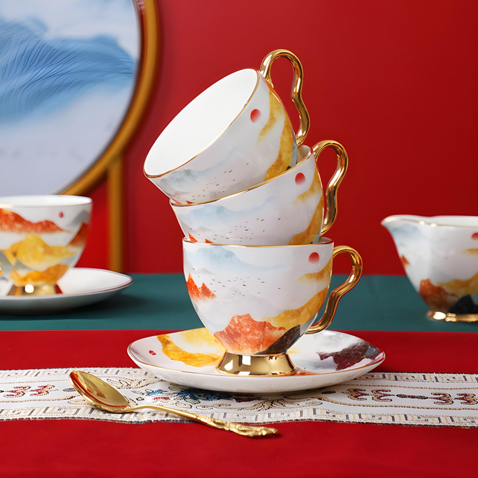 Filiżanka do kawy z porcelany kostnej ze spodkiem złotą krawędzią | Do domu Office Cafe: Filiżanka do kawy z porcelany kostnej ze złotą krawędzią i spodkiem