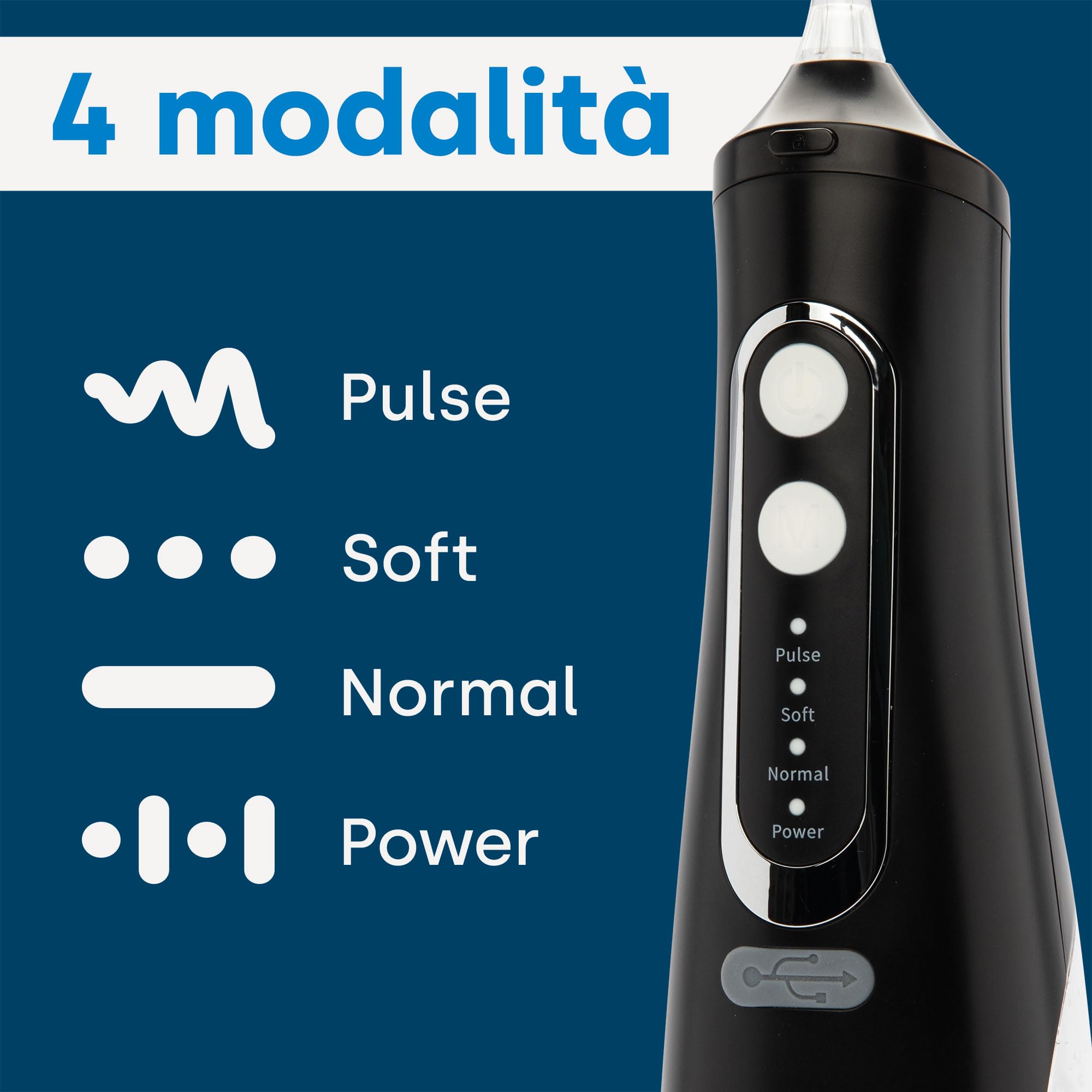 emmi-dent Irrigador bucal inalámbrico, 310 ml, limpiador interdental con limpieza a 360° para un cuidado dental profundo, 4 modos de limpieza, 4 boquillas