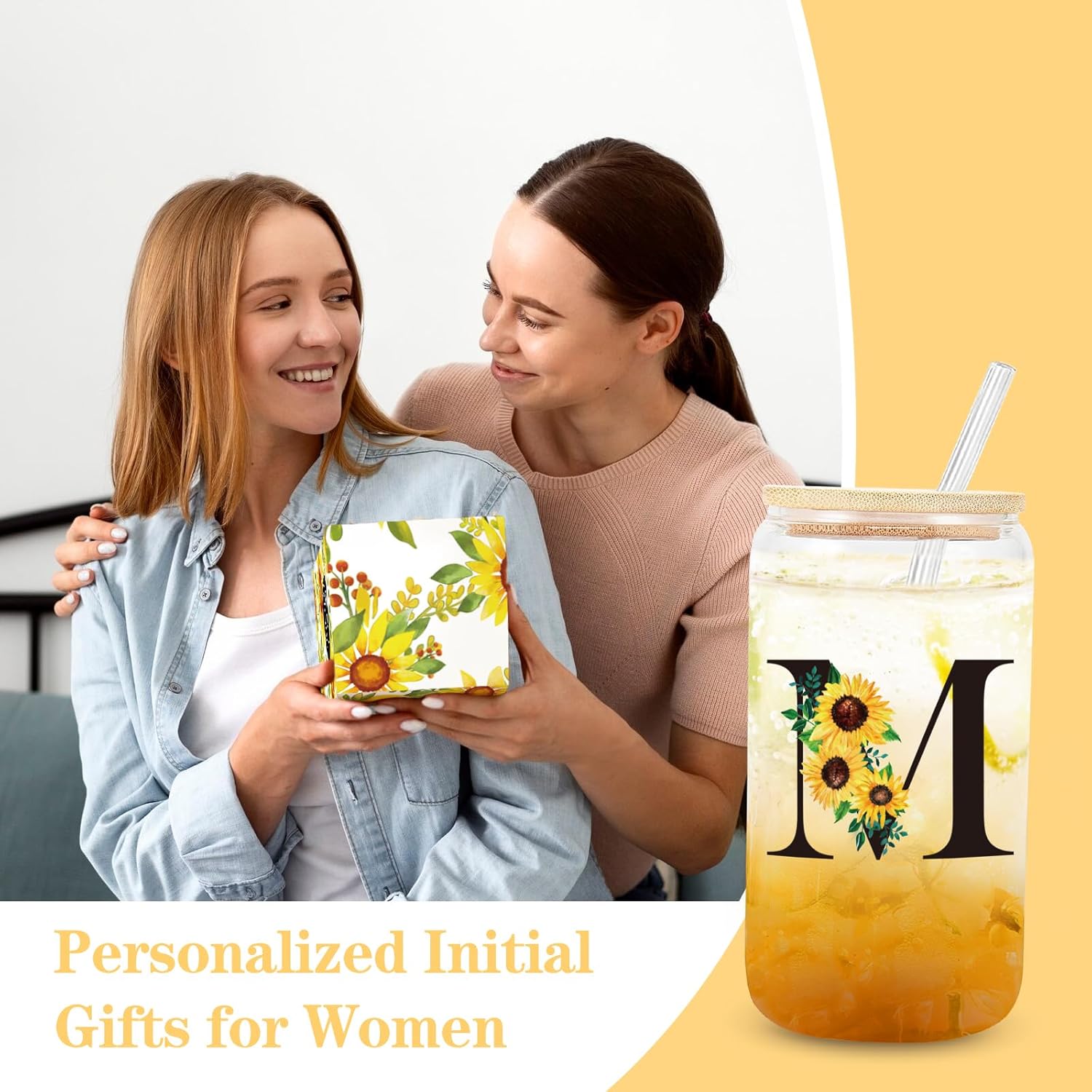 Birthday Gifts for Women, Initial Glass Cups w Lids and Straws, Sunflower Gift for Women, Personalized Gift, 16oz Glass Tumbler Cups W/Straw Lid, Monogrammed Birthday Gifts for Her Mom - M - Image 7