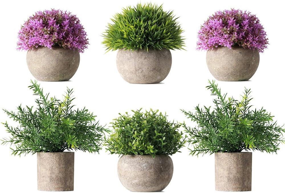 HC STAR Potted Artificial Pant Fake Green Grass with Pot Decorative Lifelike Set of 6 (High-Foot, Green-4 & Purple-2)