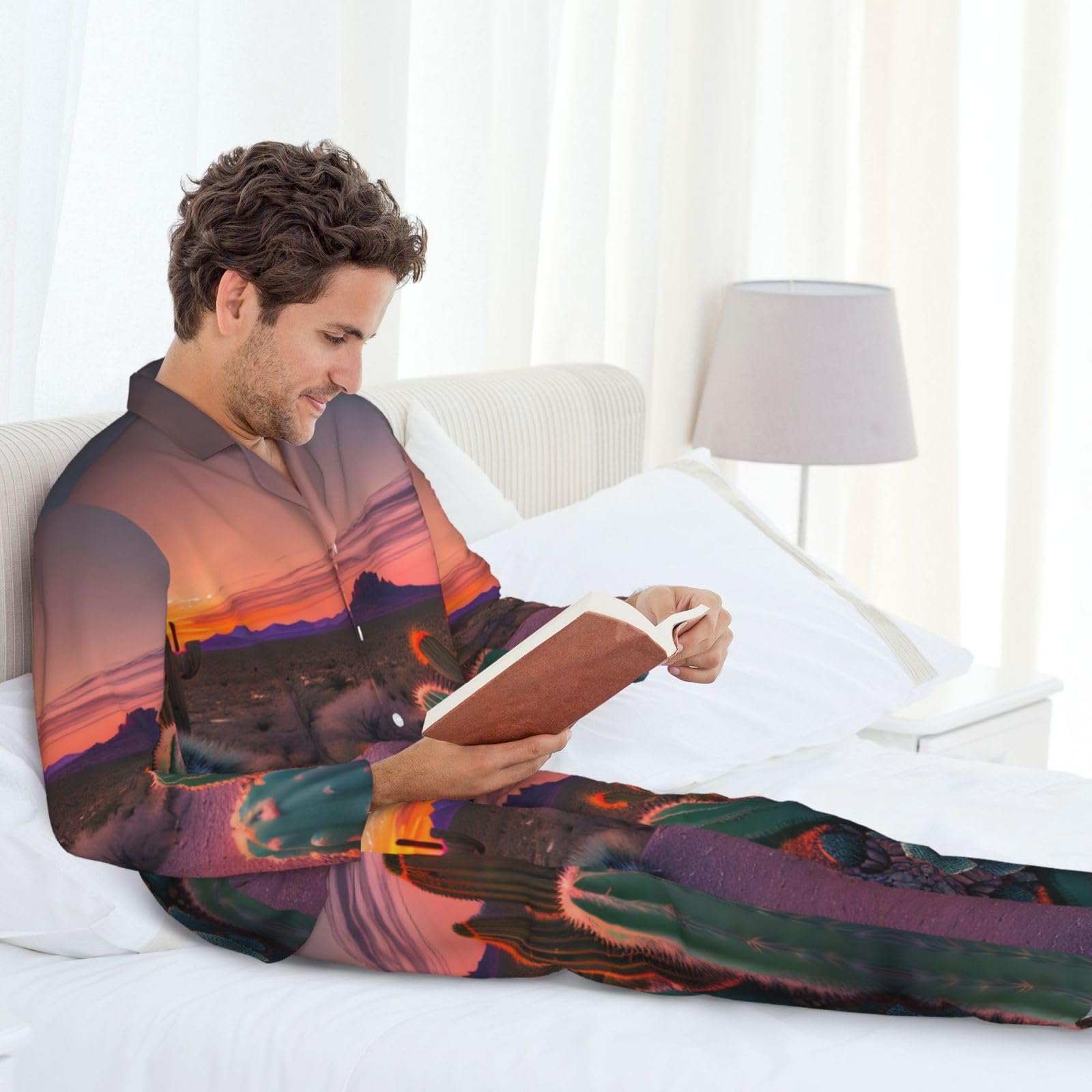 Set di pigiama da uomo morbido a maniche lunghe, motivo cactus desertico tramonto, nero, XL, Nero , X-Large