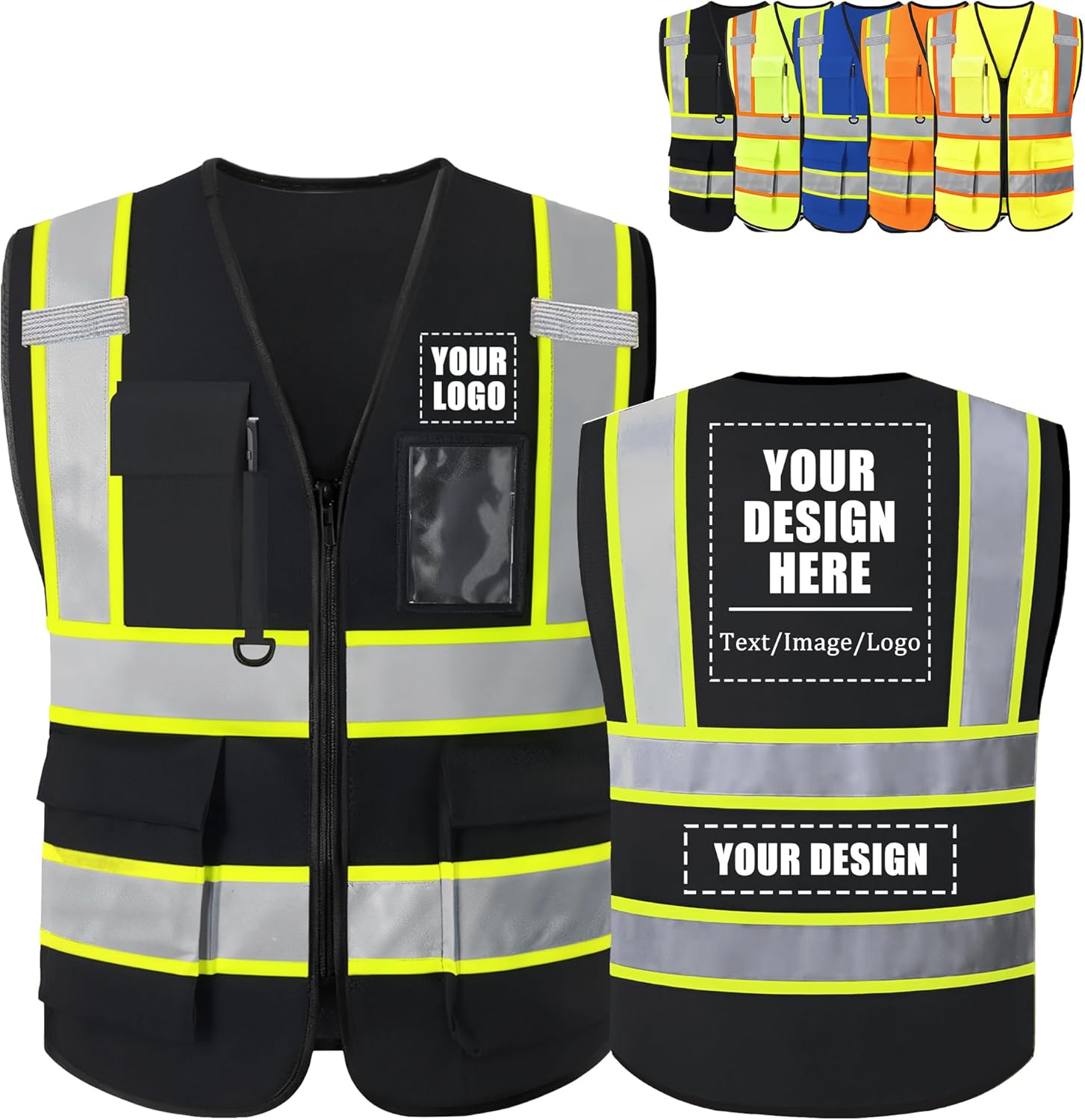 Custom Safety Vest with Logo, High Visibility Reflective Personalized Vest with Pockets and Zipper for Men Women Work