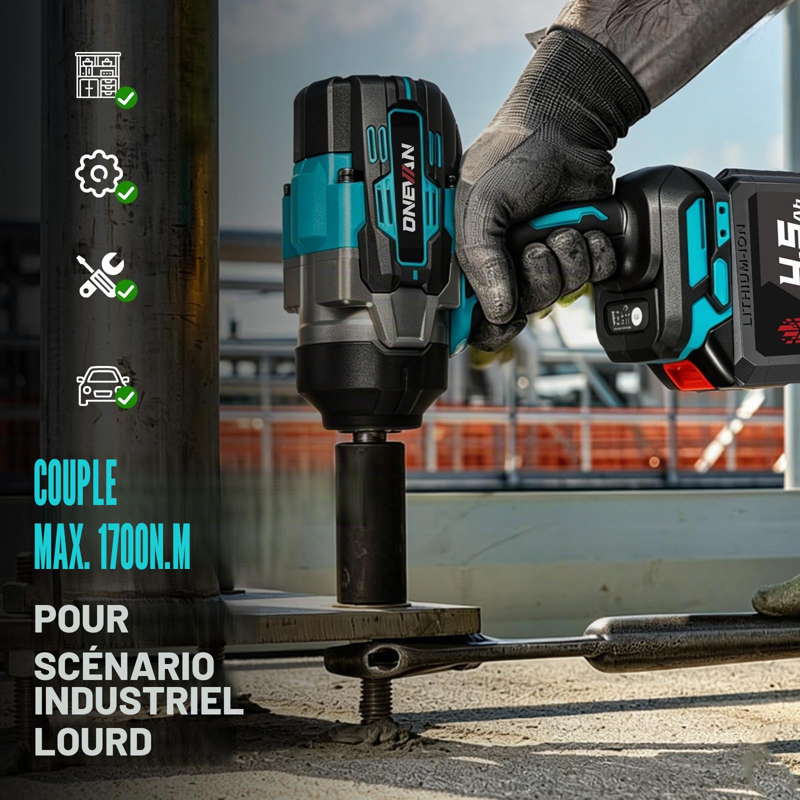 ONEVAN cle a choc sans fil 1700 N.m, 1/2" clé à choc sur batterie avec 2 batteries 4,0 Ah et 6 clés à douille (14/17/18/19/21/22mm), sans balais, boulonneuse a choc électrique pour projets intensifs