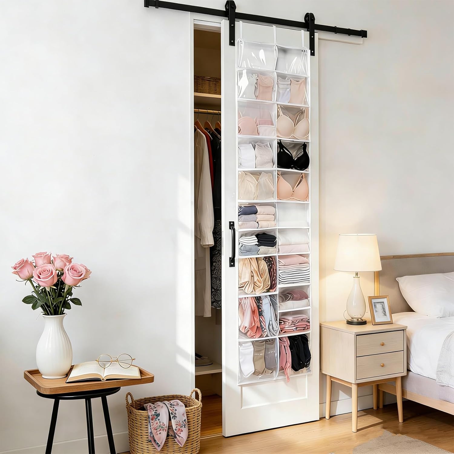 Door Hanging Shoe Rack Organizer, 26-Pocket Clear Holder, 63x22 Inch Hoodie Storage Rack with Clear Pockets & Foldable Design, Over-The-Door Shoe Sneaker Wardrobe Hack