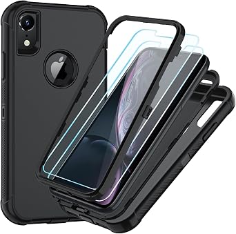 SunStory Compatible with iPhone XR Case with HD Screen Protector, 3-Layer Heavy Duty Full-Body Cover,3 in 1 Hybrid Protective Case for iPhone XR 6.1, Black