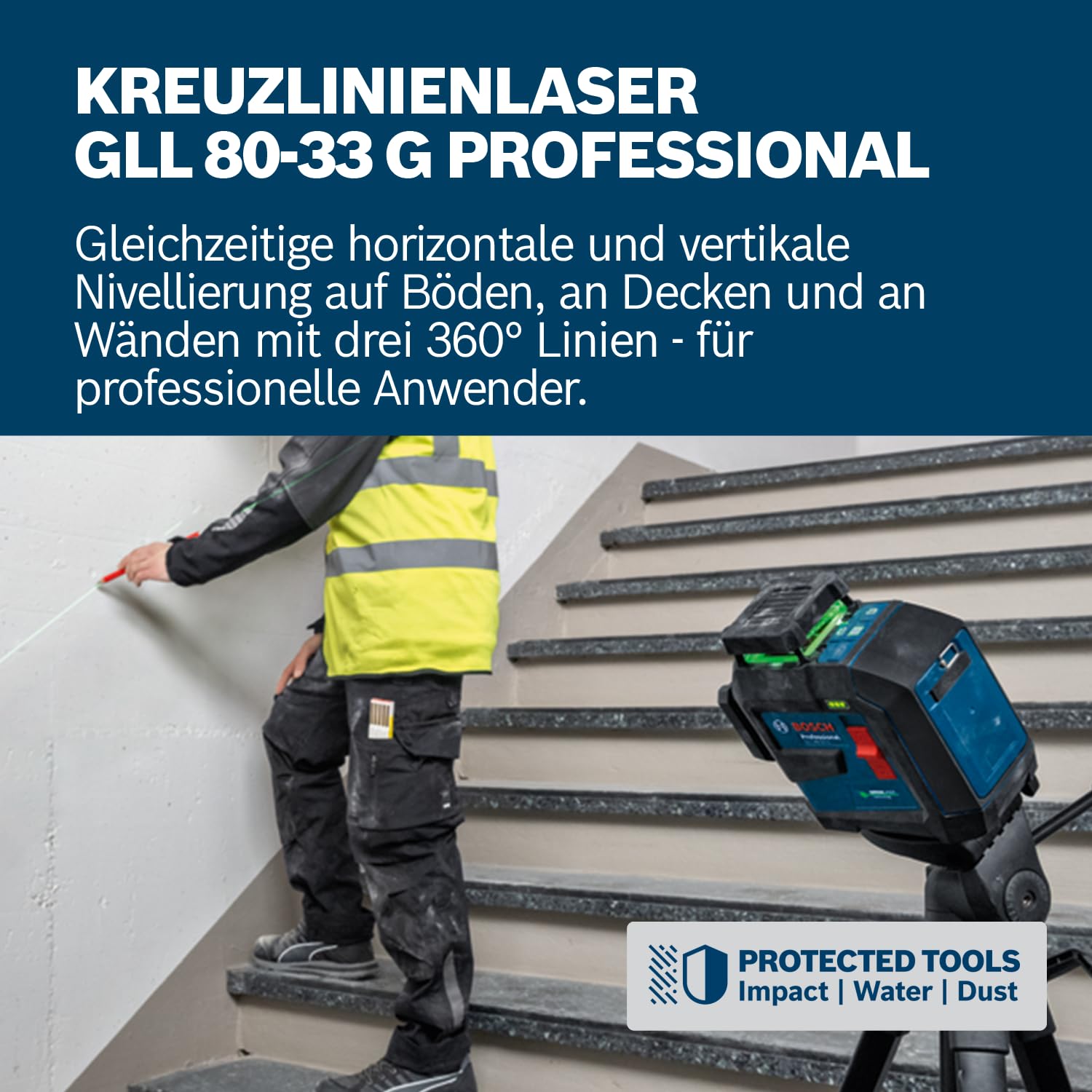 Bosch Professional Linienlaser GLL 80-33 G (Halterung LB 10, grüner Laser, Arbeitsbereich: bis 30m, Dual Power Source, 4x1.5V LR6 Batterien, Schutztasche)