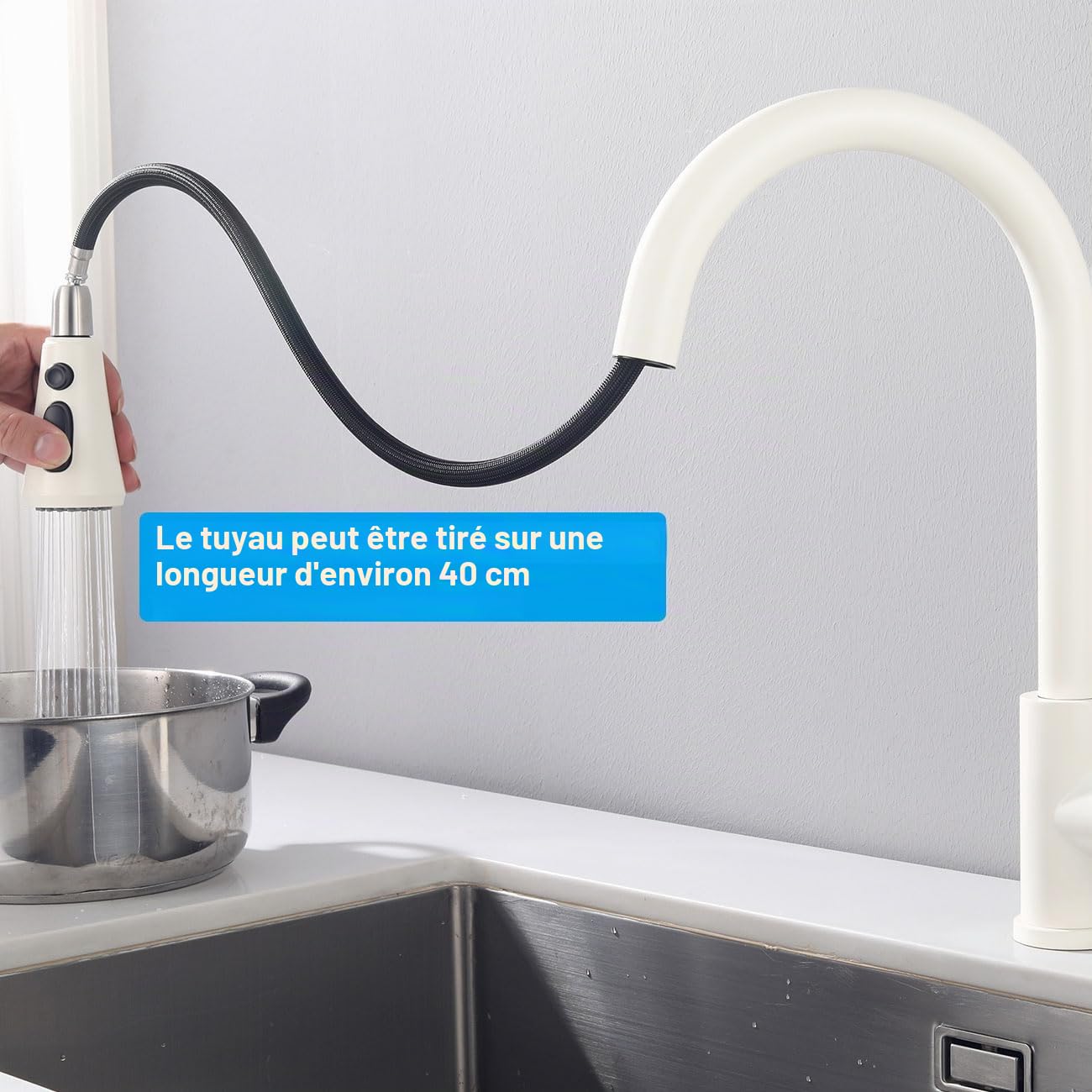Robinet de Cuisine Blanc avec 3 Modes de Pulvérisation, Mitigeur Évier Extractible, Robinetterie Monocommande Rotatif à 360° en Acier Inoxydable SUS304, Cartouche Céramique