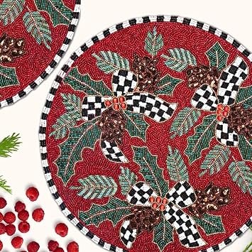 Set of Two Christmas Bead placemat, Floral red Handmade Beaded placemat, Table Topper, Leaf, Centerpiece, for her, Charger Plate ZARIMOON