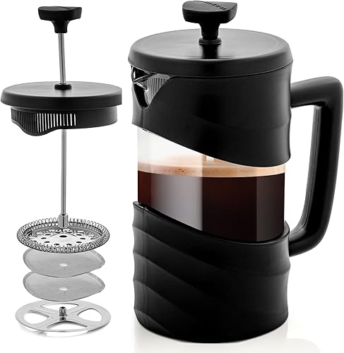 OVENTE Cafetera de prensa francesa, tetera y espresso, vidrio de borosilicato resistente al calor con sistema de acero inoxidable de 4 filtros,