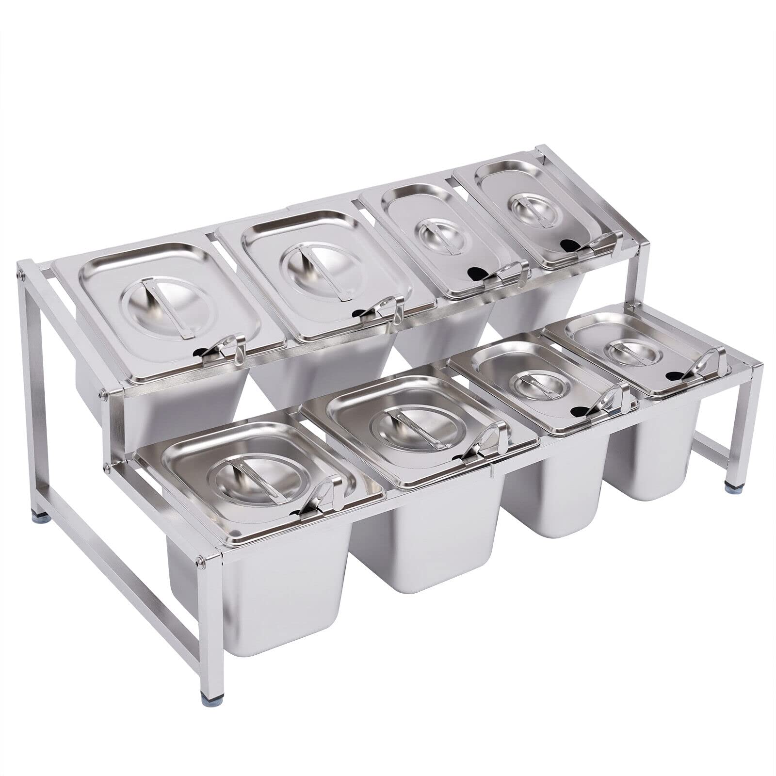 TOWOHIPPKI Expandable Spice Rack Adjustable, Stainless Steel Organizer Shelf with Pans Ladles Lids, Countertop Holder for Sauce Ingredients Fruits, for Kitchen Use (4 x 1/9 Pans + 4 x 1/6 Pans)