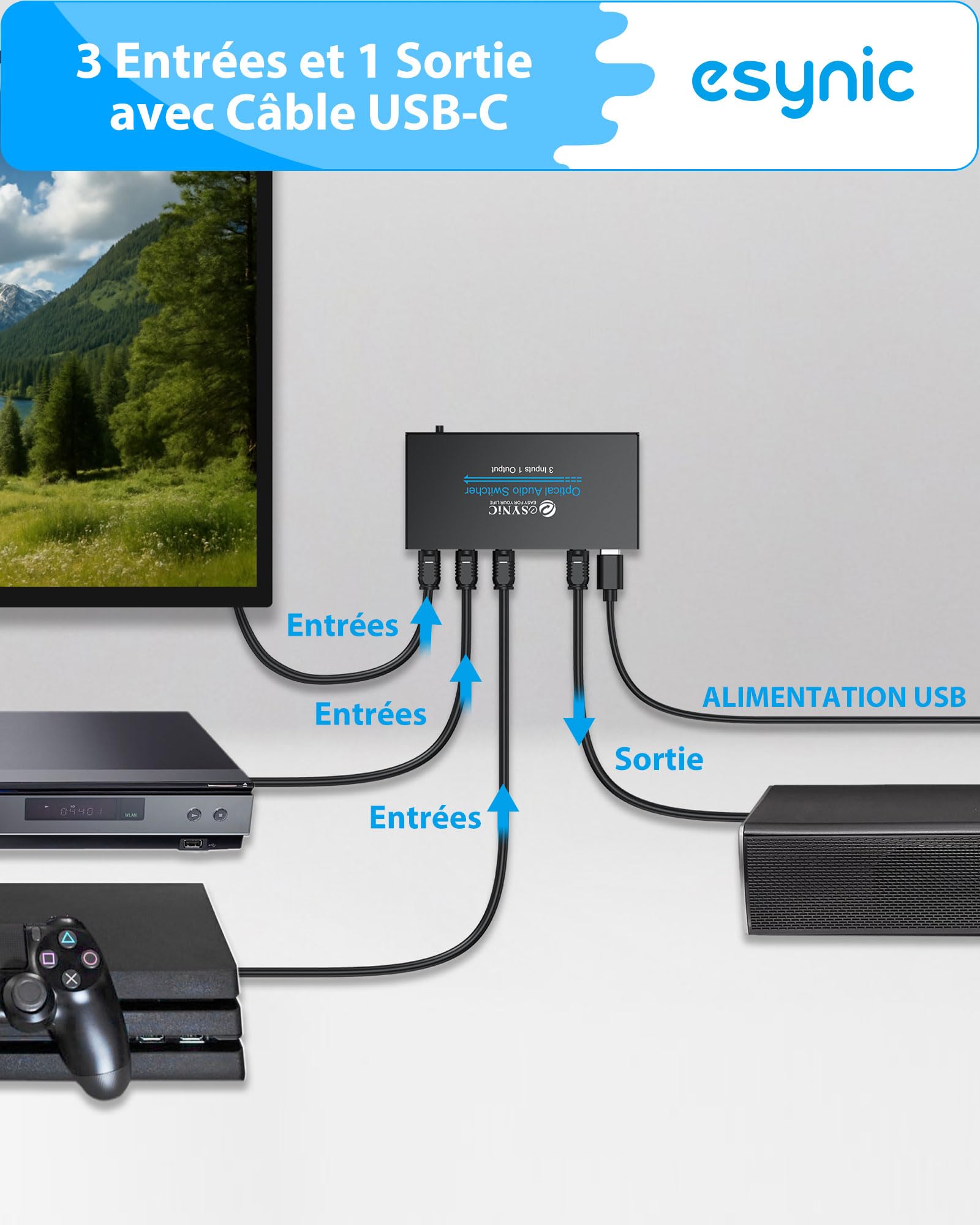 eSynic 3x1 Convertisseur Audio Toslink SPDIF Fibre Optique avec Télécommande IR Support LPCM2.0 DTS Dolby-AC3 Répartiteur Audio Optique Numérique 3 Entrées 1 Sortie avec Câbles USB Câble Optique