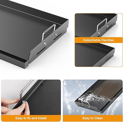 Vista 15 de Plancha para parrilla de gas, plancha universal para freír placa superior plana, placa rectangular de metal de 17 x 13 pulgadas con asas extraíbles