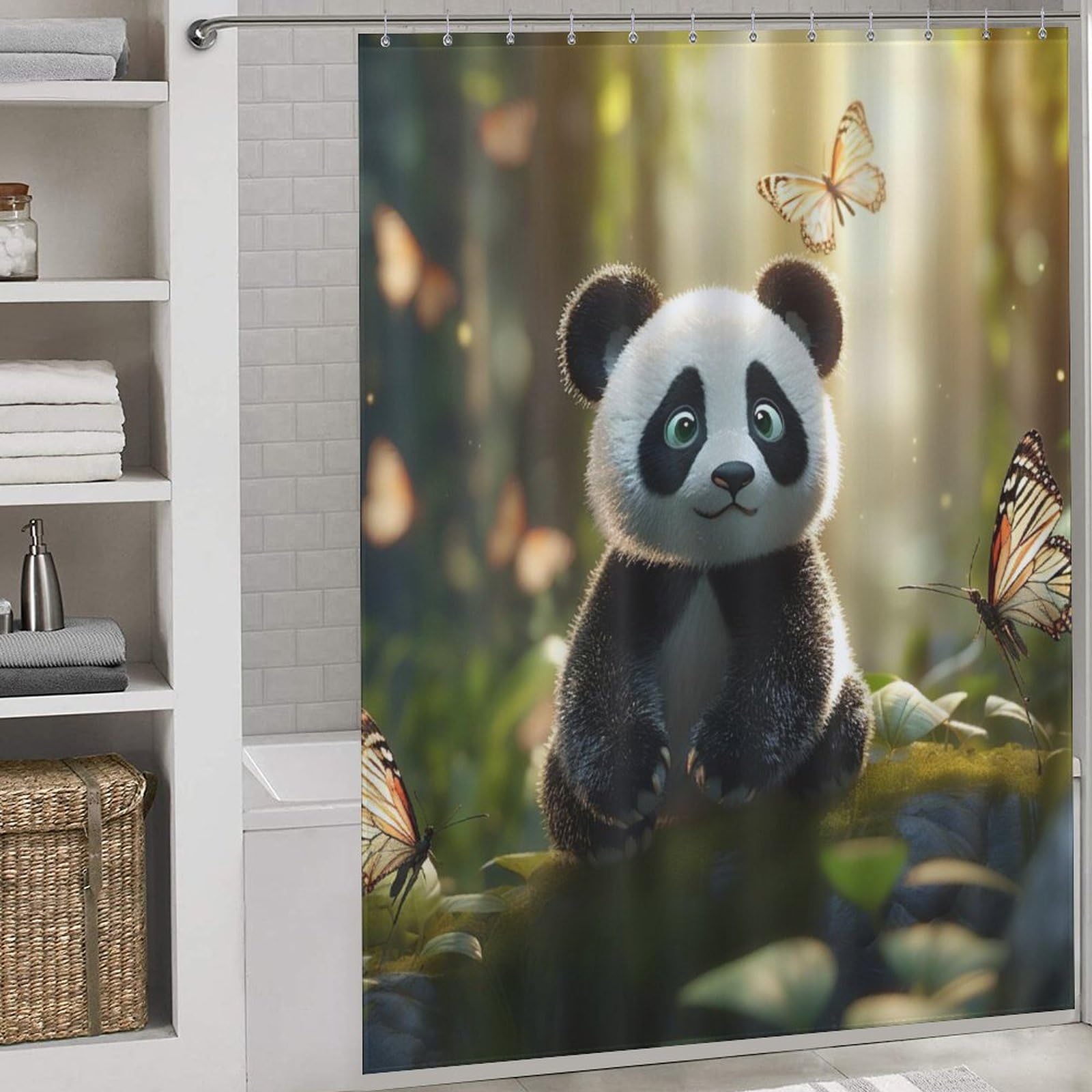 Rideau de douche panda en tissu imperméable polyester lavable 168x183cm pour baignoire