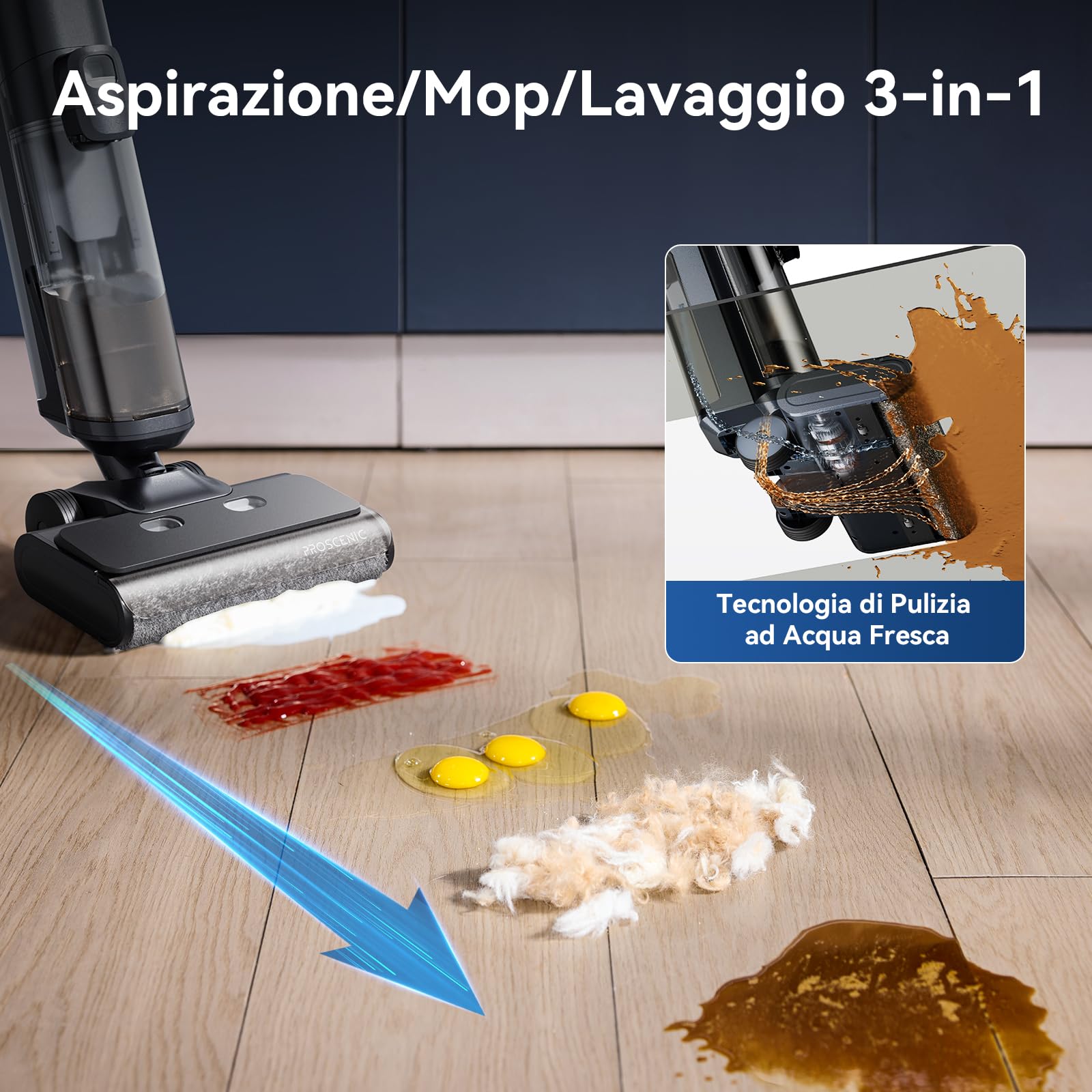 Proscenic F20A Aspirapolvere senza fili, aspirapolvere per solidi e liquidi, serbatoio da 2 litri, autopulente, leggero, display a LED, per la pulizia di sporco appiccicoso, pavimenti duri