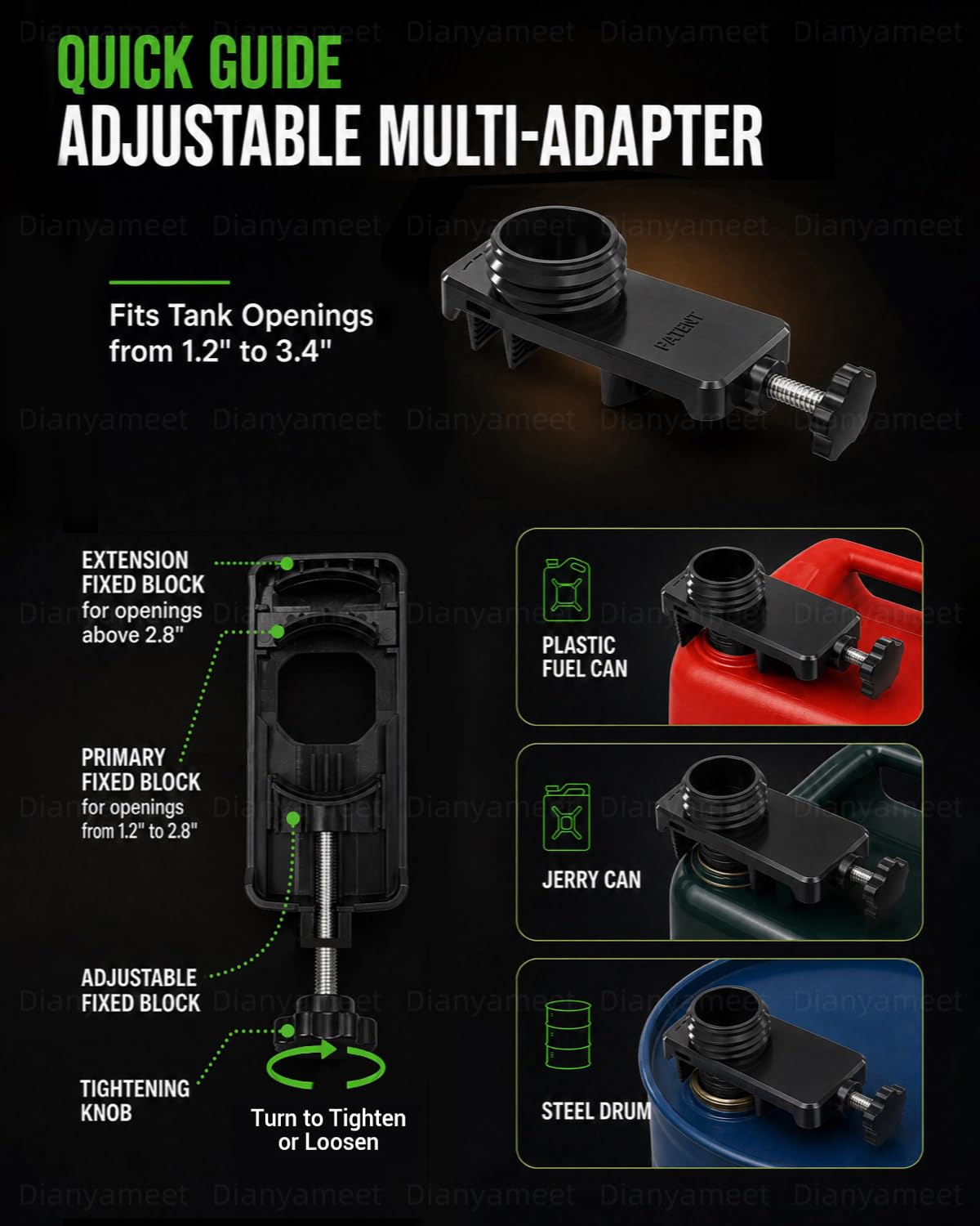 Pompe de transfert Carburant 15L/min électrique universelle avec Auto-Stop | Tuyau PVC 130cm, pour Diesel/Essence, Compatible pour DeWalt 20V & Milwaukee 18V, 4 Adaptateurs + Universel (Sans Batterie)