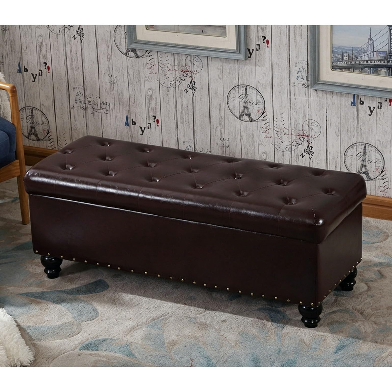 Banc de rangement en cuir premium, coffre de rangement extra long