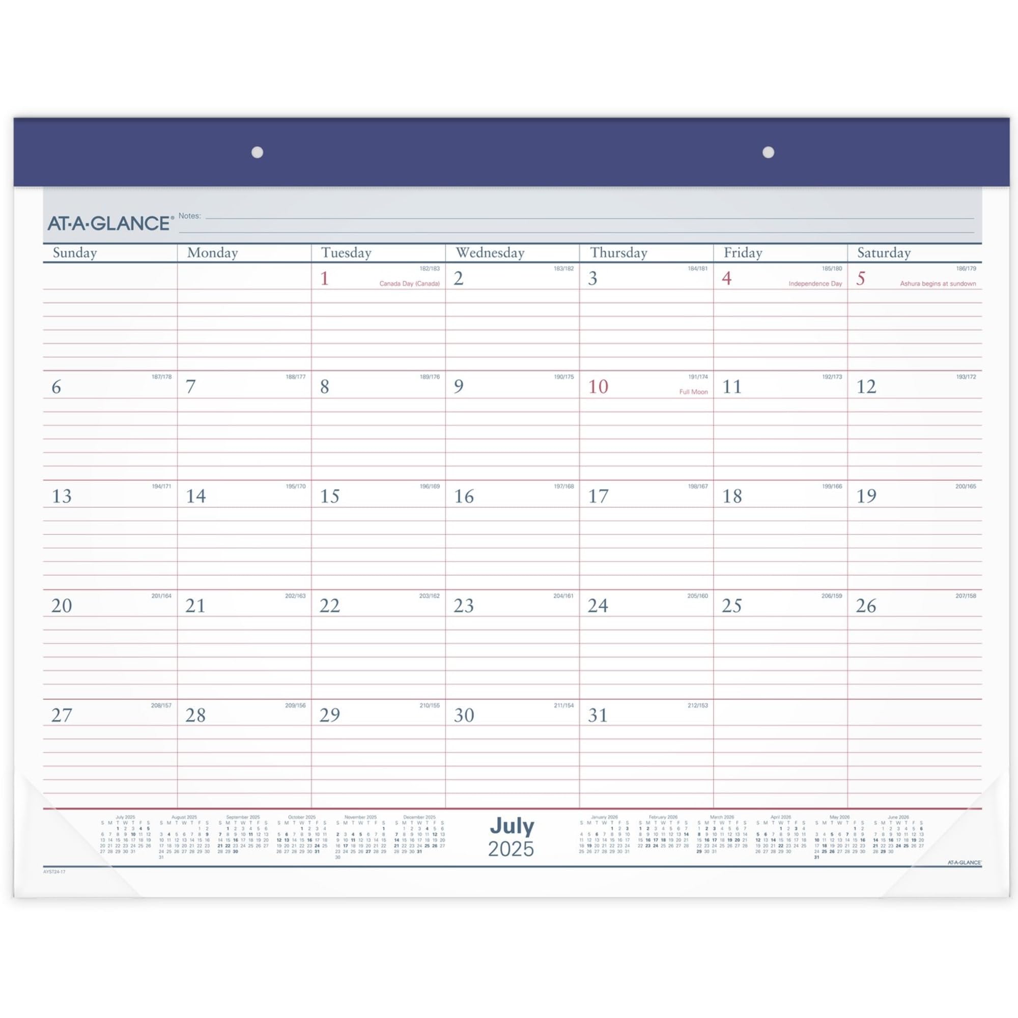 AT-A-GLANCE(r) Academic 2025-2026 Two Color Monthly Desk Pad Calendar, Standard, 21 3/4" x 17"